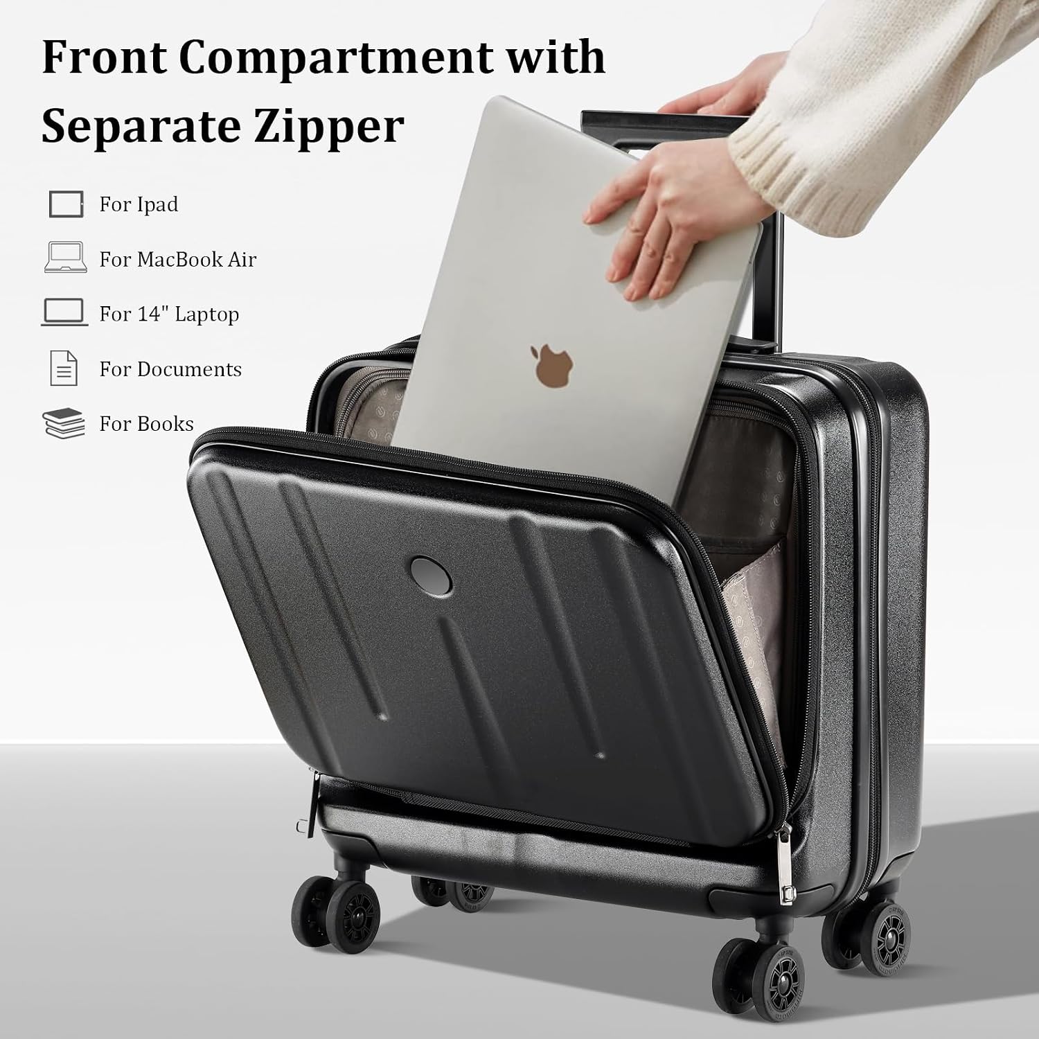 16 Inch Carry On Luggage with 2 Compartments for 14' & 15' Laptop, 16.14*8*17.12' Rolling Briefcase, Lightweight Hardshell ABS+PC Suitcase with Spinner Silent Wheels, for Business Trip, Black