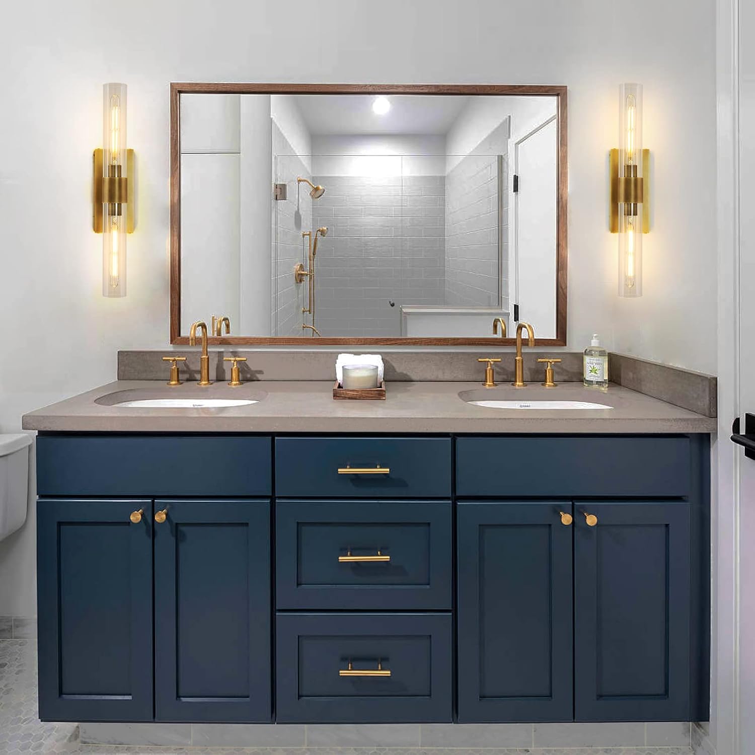 Brass Wall Sconces, 22.8' Bathroom Wall Sconce, Antique Brass Wall Sconces Set of 2, 2-Light Dimmable Wall Sconce, Sconces Wall Lighting With Glass, Bathroom Vanity Light, Tube Sconce for Living Room