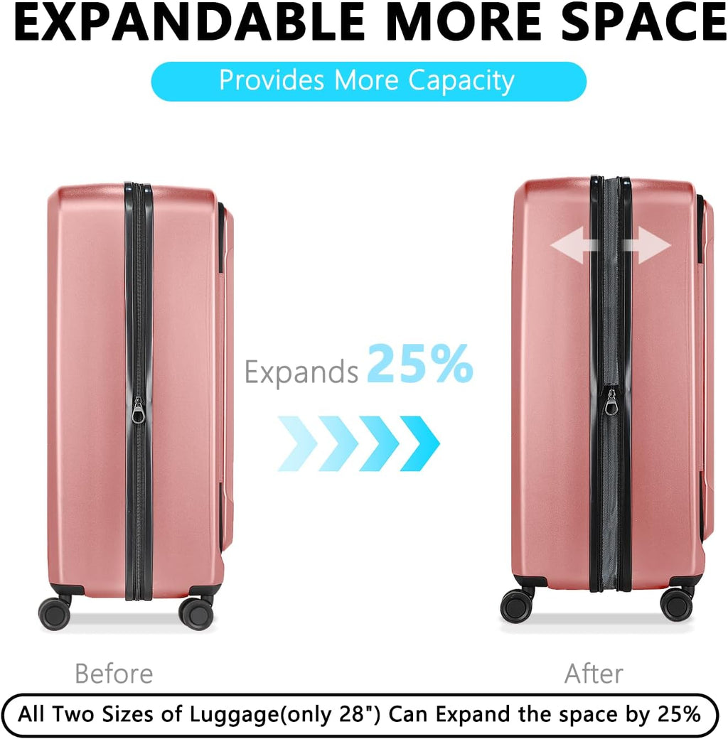 Luggage Sets 2 Piece, Carry On Luggage with Front Pocket & USB Port and 28 Inch Expandable Checked Luggage with Top Opening, Durable PC Hardside Suitcases with Spinner Wheels & TSA Lock, Pink (20/28)