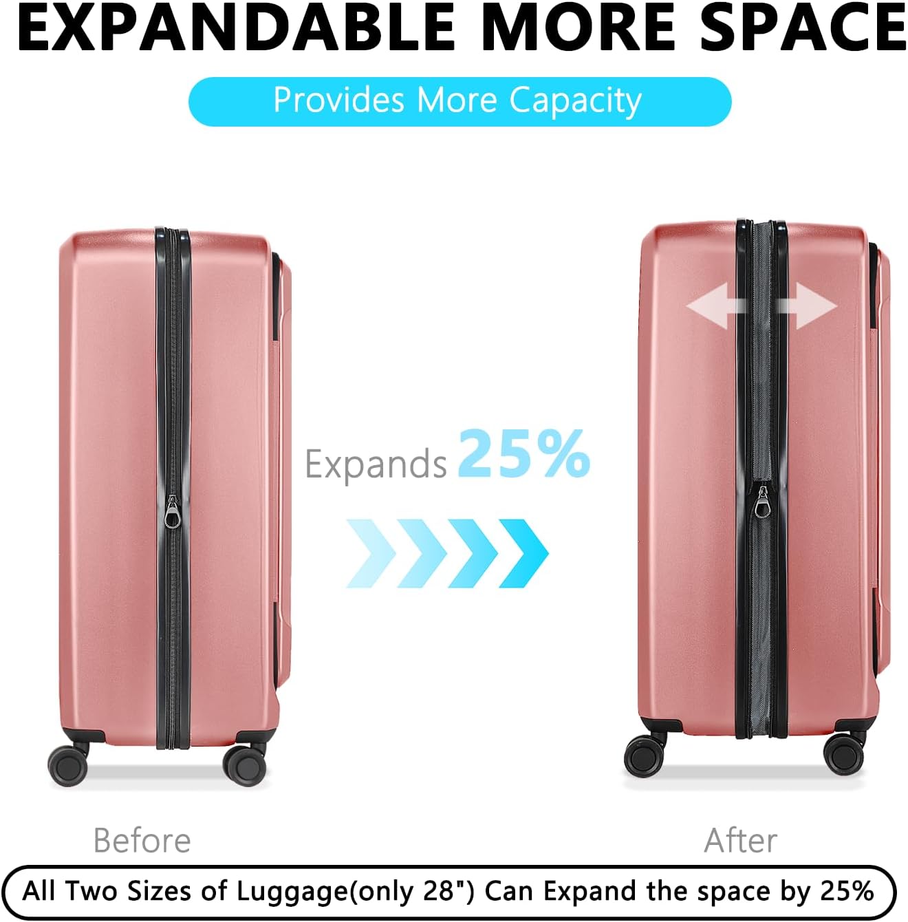 Luggage Sets 2 Piece, Carry On Luggage with Front Pocket & USB Port and 28 Inch Expandable Checked Luggage with Top Opening, Durable PC Hardside Suitcases with Spinner Wheels & TSA Lock, Pink (20/28)