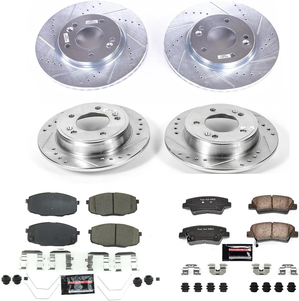 PowerStop Front and Rear Brake Kit for Kia Soul 2017-19 - Drilled and Slotted Disc Rotors with Carbon-Fiber Ceramic Brake Pads Replacement, K8008