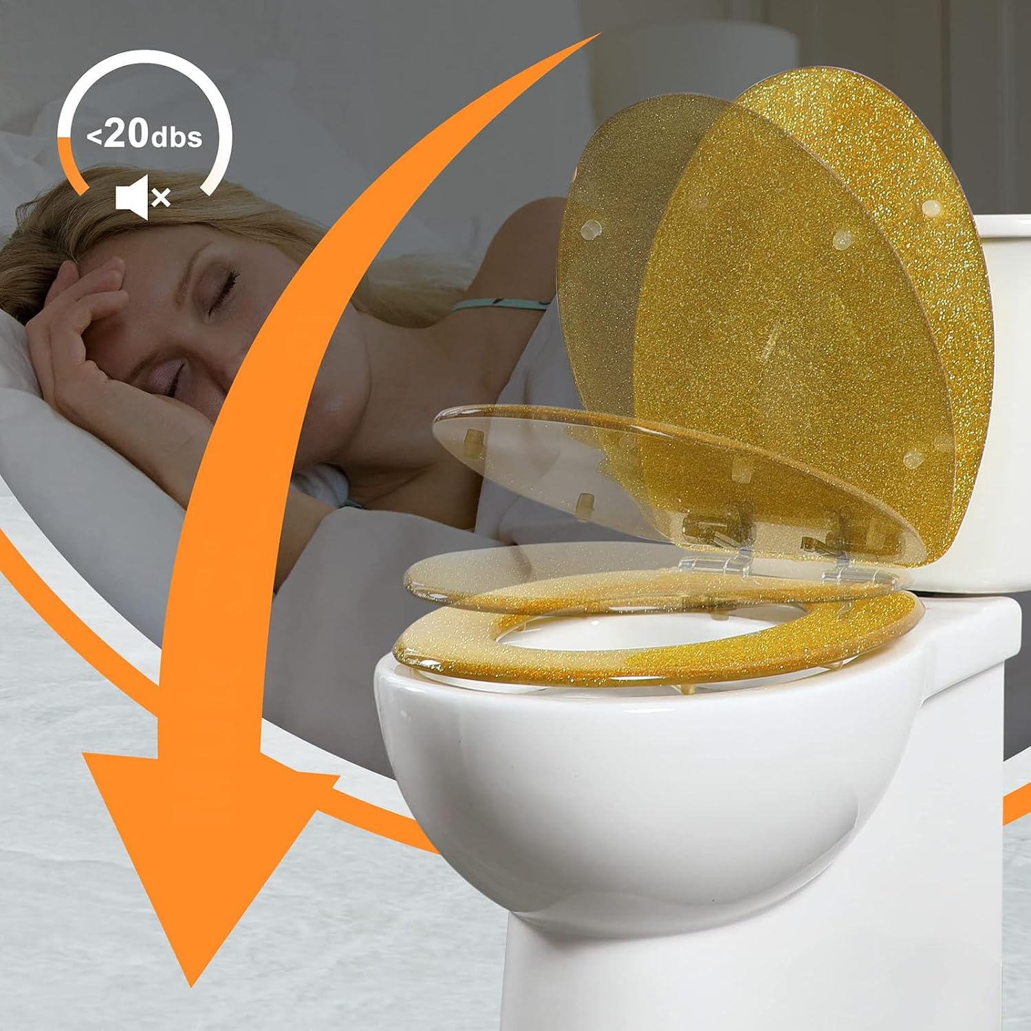 Glitter Toilet Seat Soft Close Elongated Toilet Seat 36.5 * 44Cm Resin Toilet Seat with Adjustable Hinges, Easy to Install Also Easy to Clean,Gold(Gold)