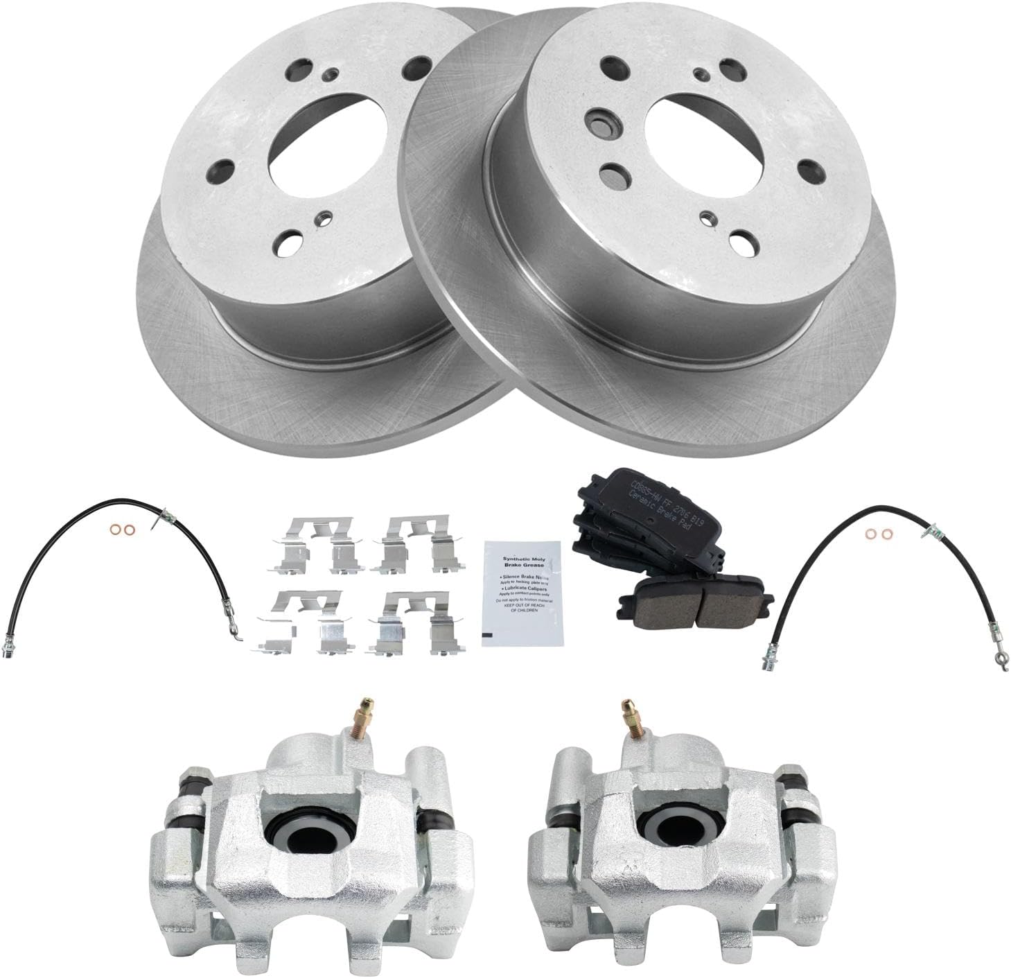 TRQ Rear Brake Pad and Rotor Set Ceramic Rotors Calipers Hoses Compatible with 2002-2003 Lexus ES300 2004-2006 ES330 2002-2006 Toyota Camry