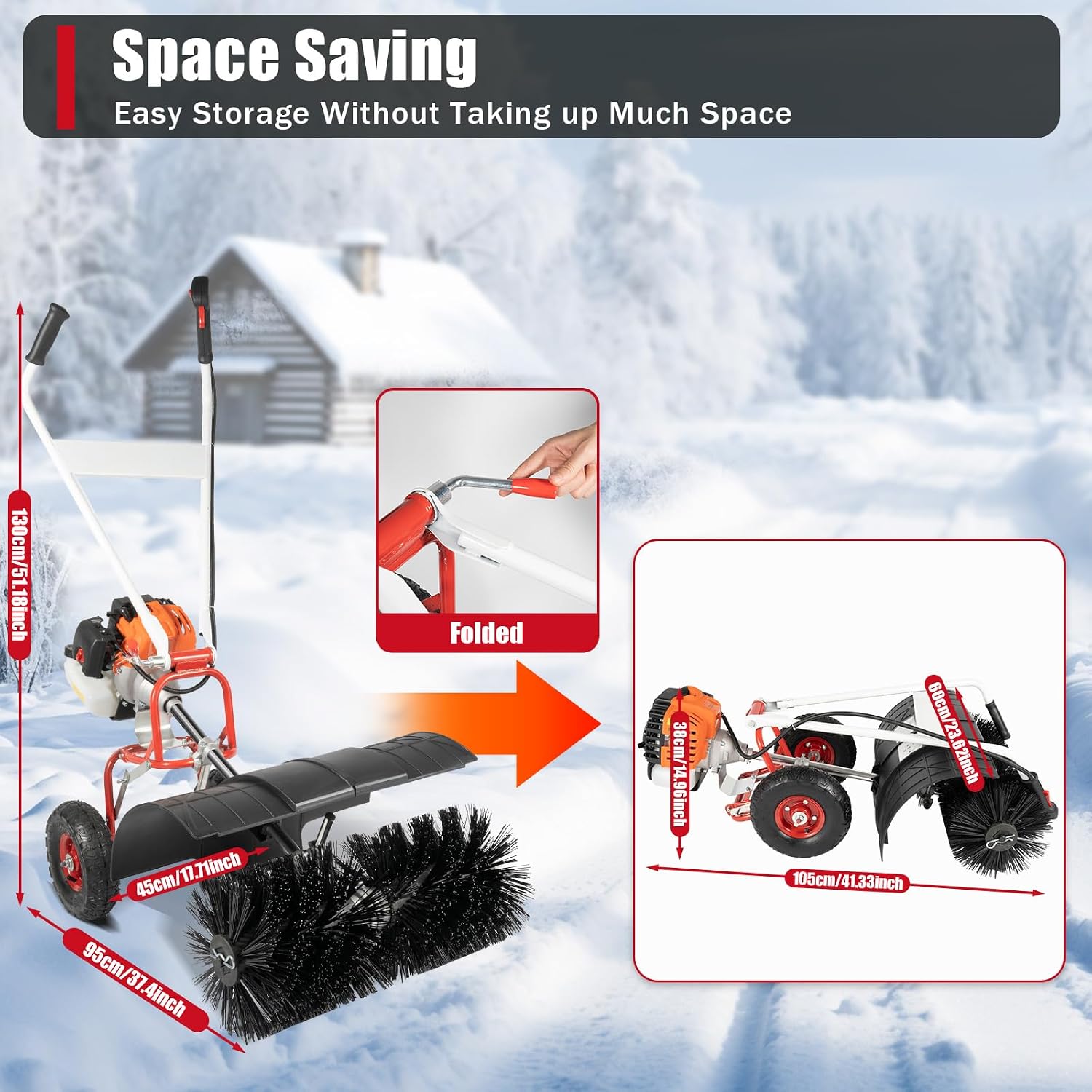 52CC Walk Behind Power Sweeper Broom, 2-Stroke 2.5HP Snow Sweeper Air-Cooled Fuel Engine Snowplow Broom, Outdoor Lawn Sweeper Cleaner Tools for Lawn Leaf Snow Artificial Turf Grass Gravel Cleaning
