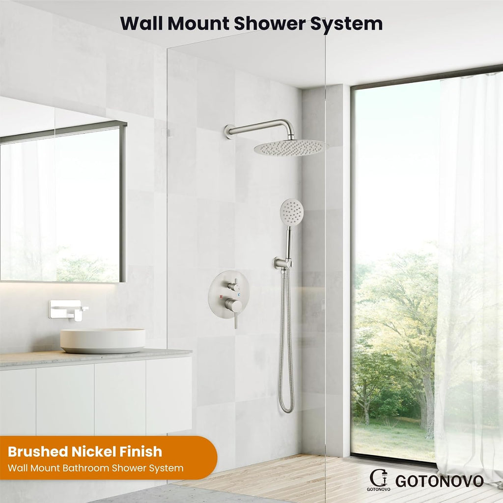 gotonovo Rain Shower System with 10 Inch Round Showerhead and Handheld High Pressure Shower Faucet Set Contain Rough in Valve, Brushed Nickel