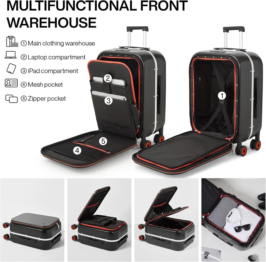 mixi Carry On Luggage, 20'' Suitcase with Front Pocket, Travel Rolling Luggage Aluminum Frame PC Hardside with Spinner Wheels & TSA Lock and Cover - Black