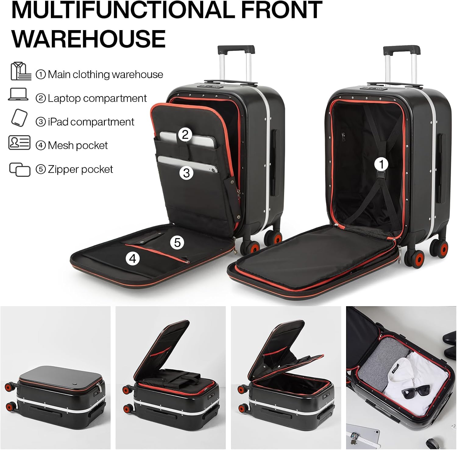 mixi Carry On Luggage, 20'' Suitcase with Front Pocket, Travel Rolling Luggage Aluminum Frame PC Hardside with Spinner Wheels & TSA Lock and Cover - Black