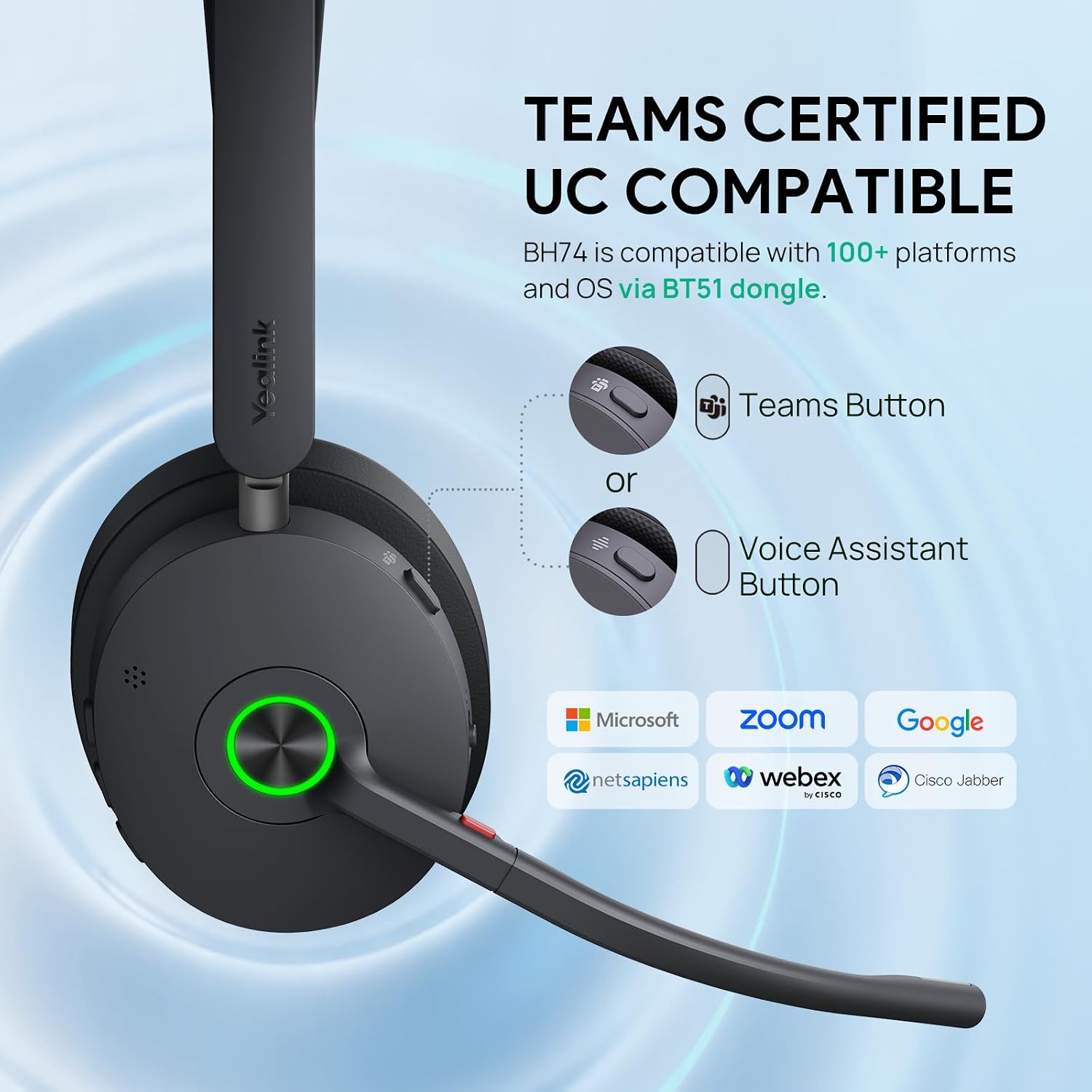 Yealink BH74 UC ANC Bluetooth Headset with Microphone for Hybrid Work, Microsoft Teams Premium Open Ofﬁce Certified Headsets with 6-mics Active Noise Cancellation, Zoom Certified, 65H, Charging Stand
