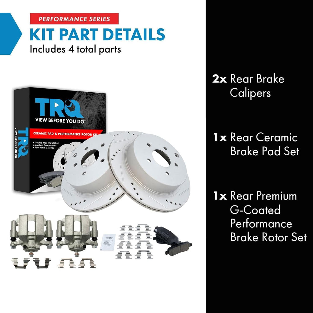 TRQ Performance Rear Brake Pad and Rotor Set Ceramic Coated Drilled Slotted Vented Rotors Calipers Compatible with 2003-2007 Nissan Murano 2004-2009 Quest