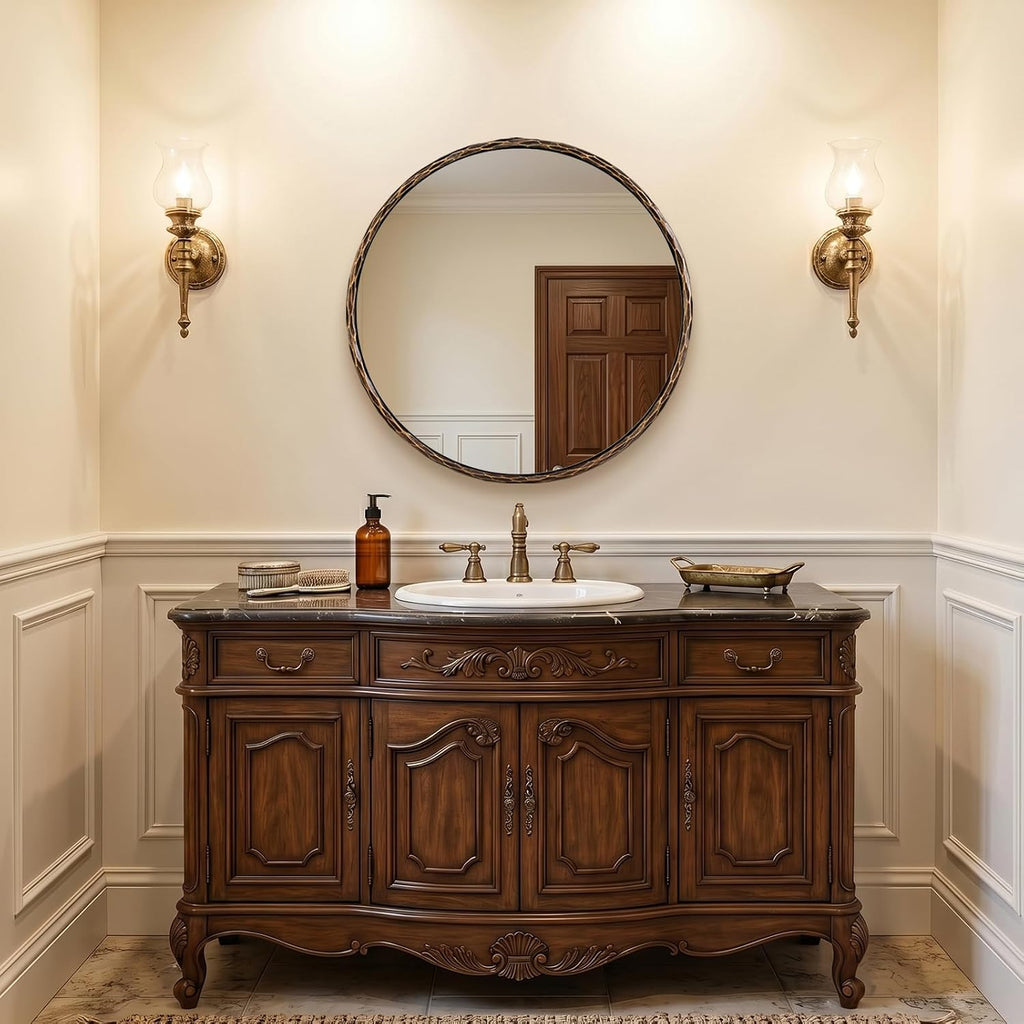 ANDY STAR Hand-Forged Round Bathroom Mirror, 28 Inch Antique Oil Rubbed Bronze Hammered Circular Mirror, for Wall Decor, Entryway, Bedroom, Fireplace, Solid Steel Frame
