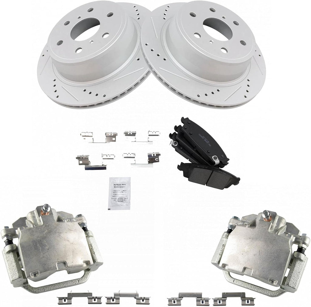 TRQ Performance Rear Brake Pad & Rotor Set Ceramic Coated Drilled Calipers Compatible with 14-18 Chevrolet Silverado GMC Sierra 2019 1500 15-20 Cadillac Escalade Tahoe 15-18 Suburban 15-19 Yukon