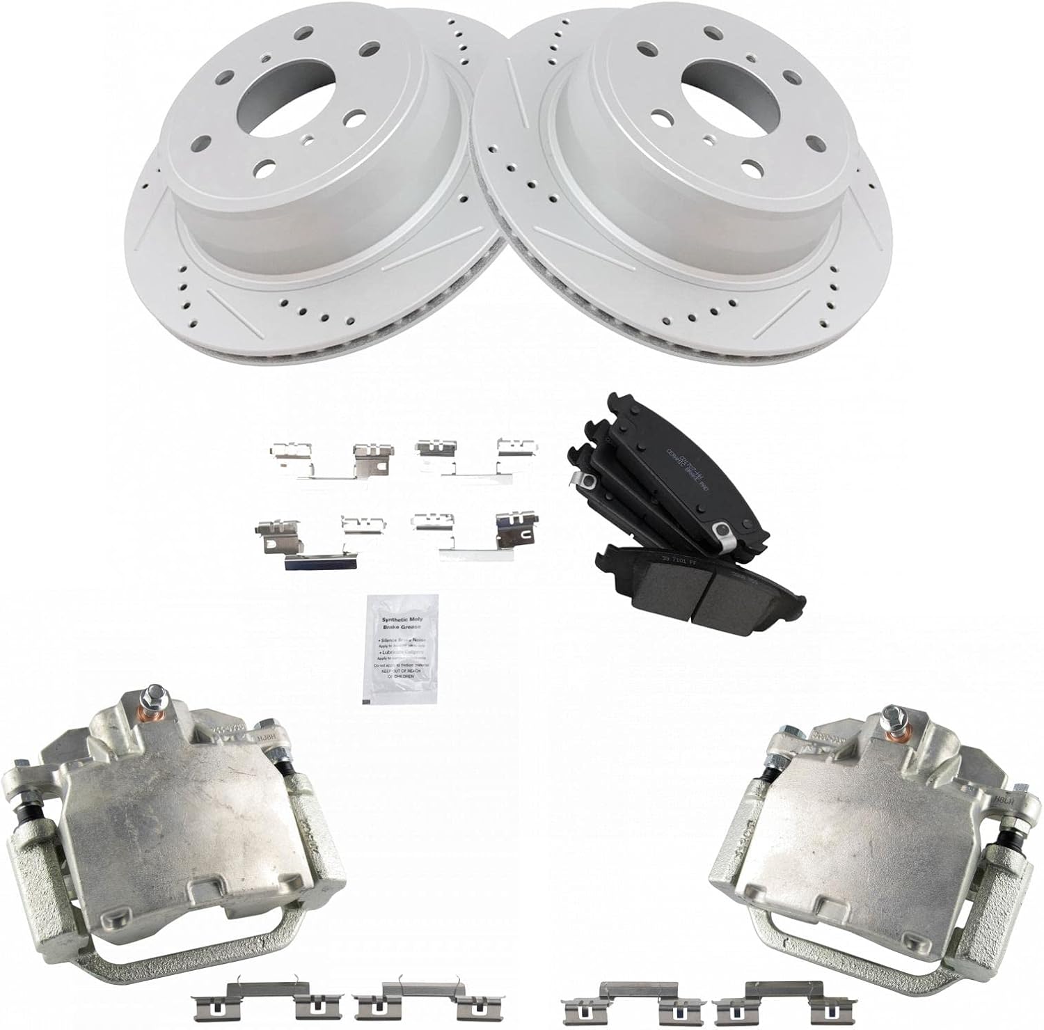 TRQ Performance Rear Brake Pad & Rotor Set Ceramic Coated Drilled Calipers Compatible with 14-18 Chevrolet Silverado GMC Sierra 2019 1500 15-20 Cadillac Escalade Tahoe 15-18 Suburban 15-19 Yukon