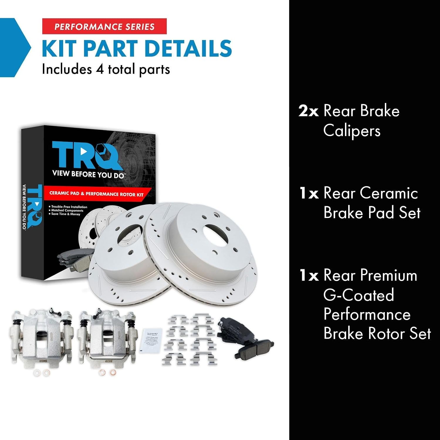 TRQ Performance Rear Brake Pad & Rotor Set Ceramic Drilled Coated Calipers Compatible with 09-18 Nissan Murano 11-17 Quest 13-20 Pathfinder 11-13 Infiniti M37 M56 2013 JX35 14-18 Q50 Q70 QX60