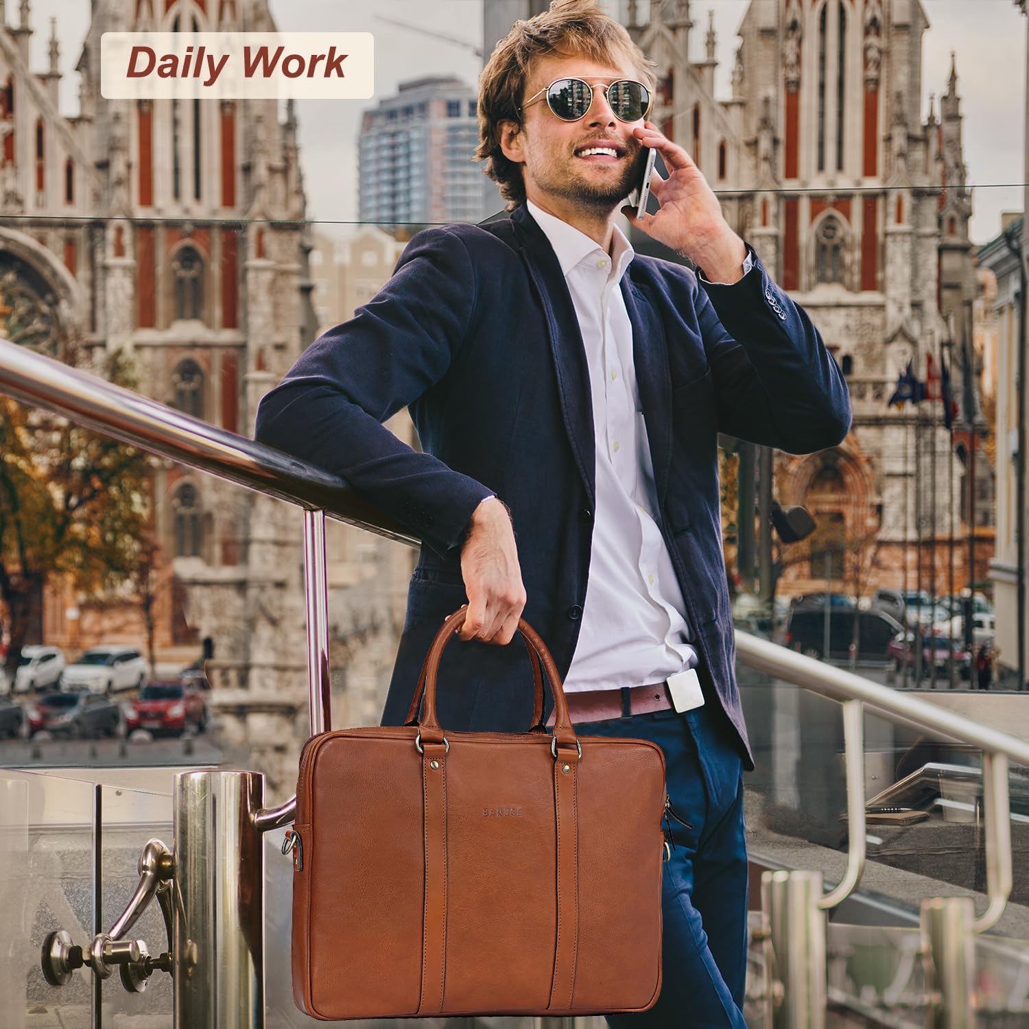 Banuce Premium Italian Full Grain Leather Briefcase for Men with Lock 14 Inch Laptop Bag Business Travel Office Work Bags with Detachable and Adjustable Strap Brown