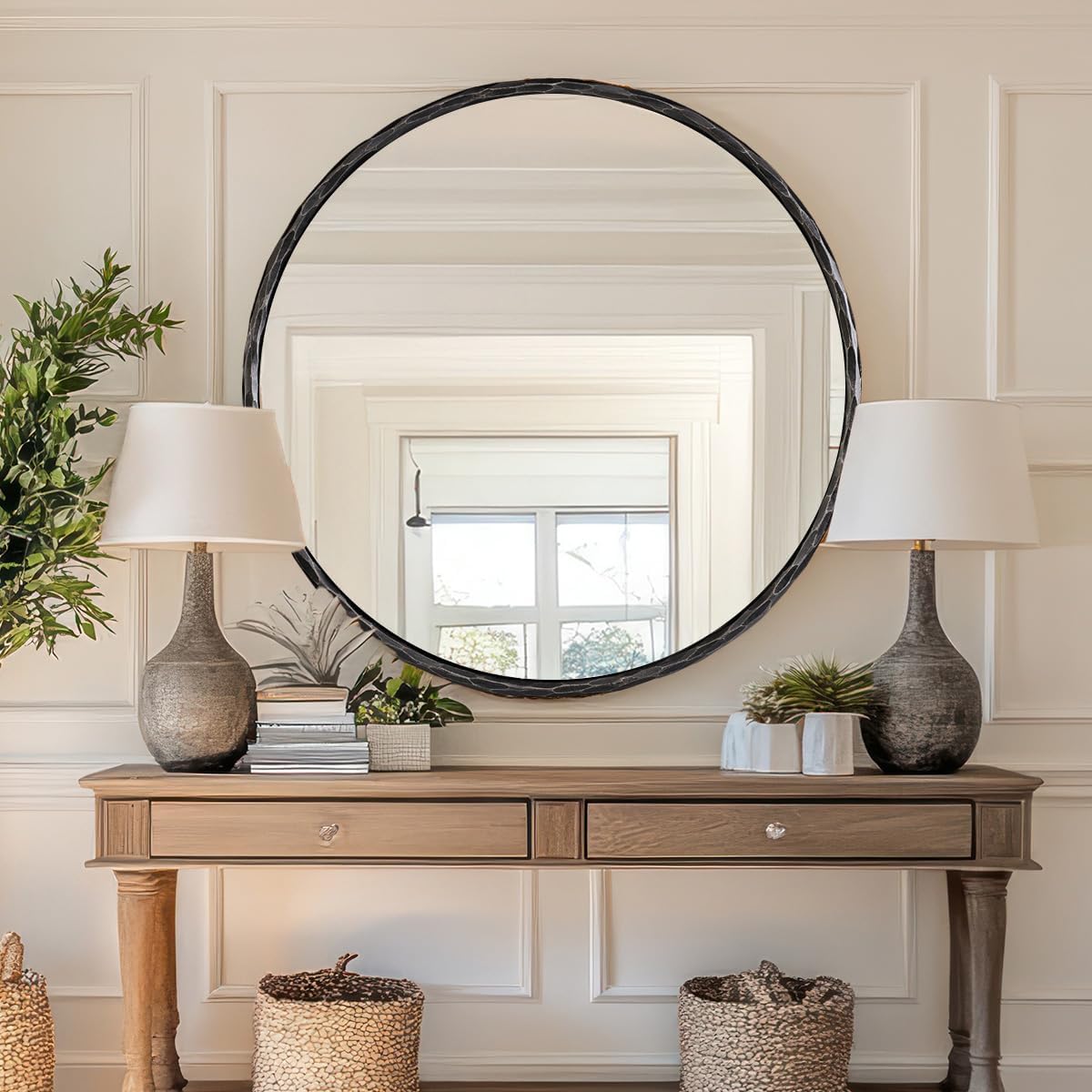 ANDY STAR Hand-Forged Round Mirror for Wall, 24 Inch Black Solid Steel Antique Rounded Bathroom Mirror, Vintage Hammered Metal Frame Circle Mirror for Wall Decor, Vanity, Bedroom, Entryway