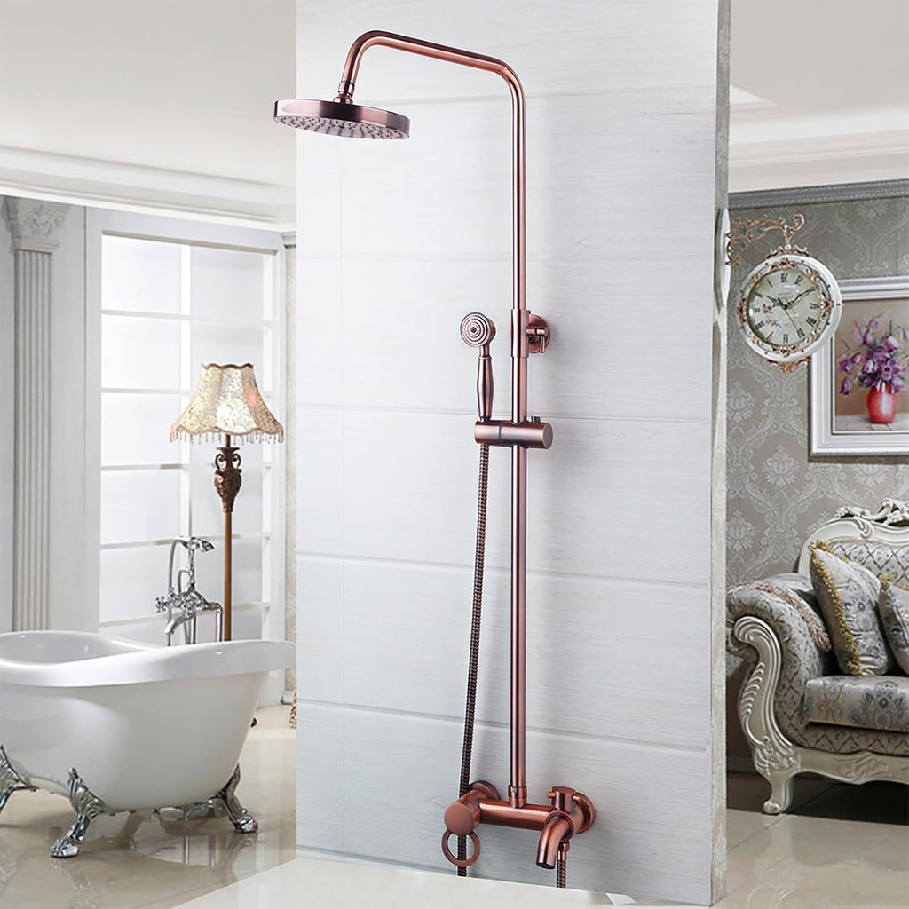 Vintage Copper Exposed Shower System with 8 inch Rainfall Shower Head and Bath Tub Spout,Multi-Mode Exposed Shower Fixture with Handheld Shower Wall Mounted for Bathroom
