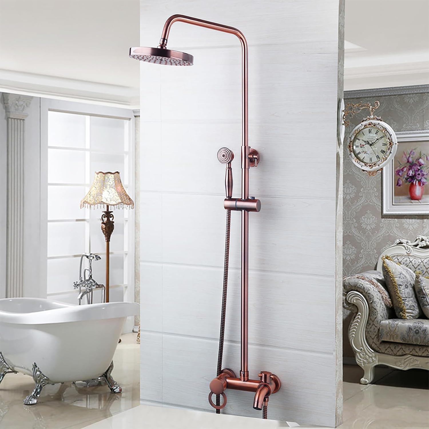 Vintage Copper Exposed Shower System with 8 inch Rainfall Shower Head and Bath Tub Spout,Multi-Mode Exposed Shower Fixture with Handheld Shower Wall Mounted for Bathroom