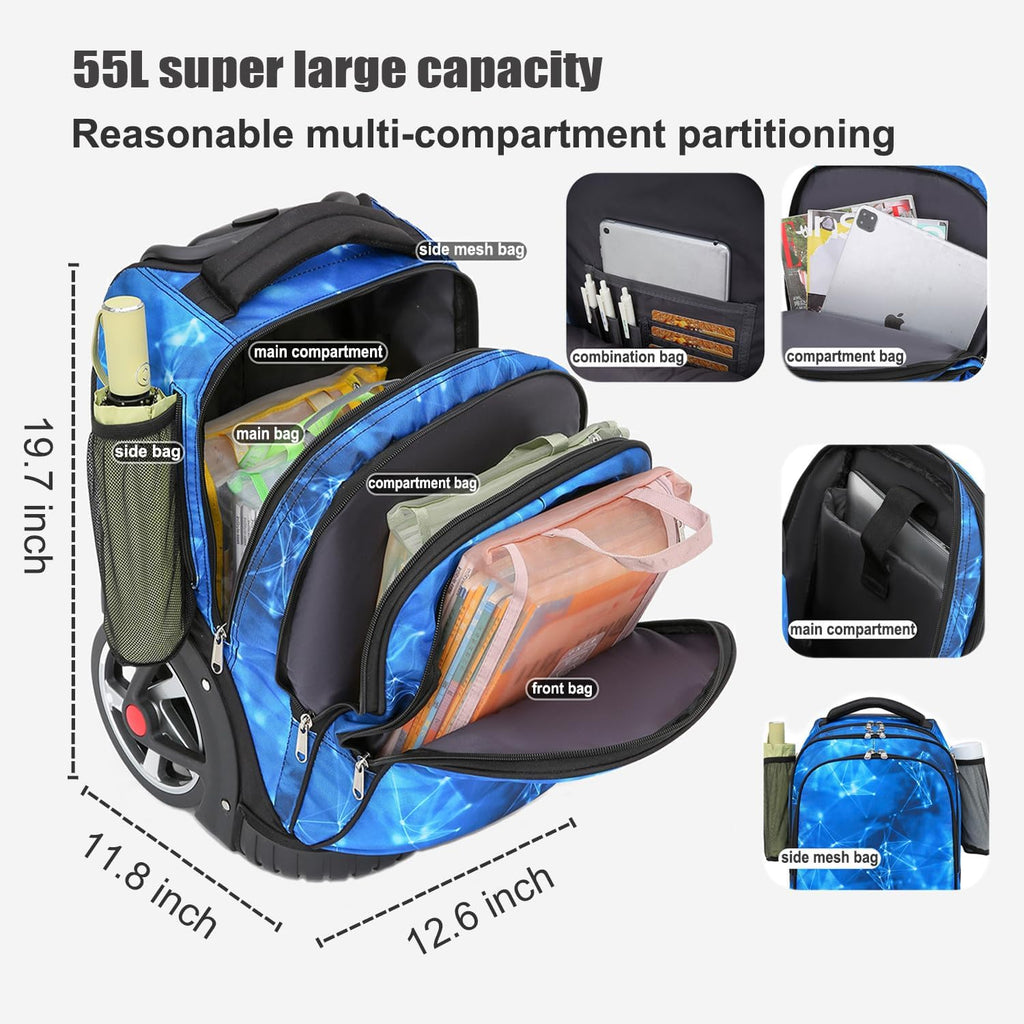 Rolling Backpack, 55L (14.5gal) Backpack with Wheels for Business, Waterproof Backpacks with Dual Handles and Silent Large Wheels, Carry on Backpack with Laptop Compartment (Black,22 inch)