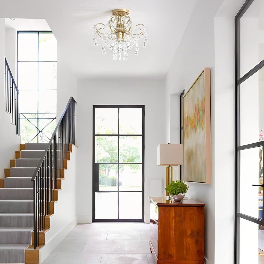 LNPTAL Modern Gold Crystal Chandelier, 3-Light Luxury Ceiling Light Fixture, Mid-Century Elegant Hanging Lamp for Bathroom, Hallway, Kitchen Island, Bedroom