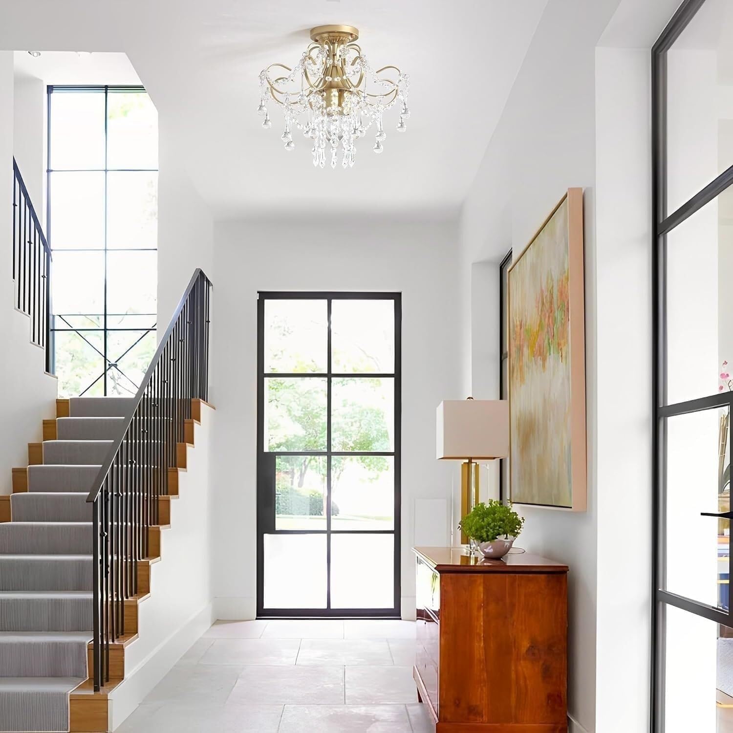 LNPTAL Modern Gold Crystal Chandelier, 3-Light Luxury Ceiling Light Fixture, Mid-Century Elegant Hanging Lamp for Bathroom, Hallway, Kitchen Island, Bedroom