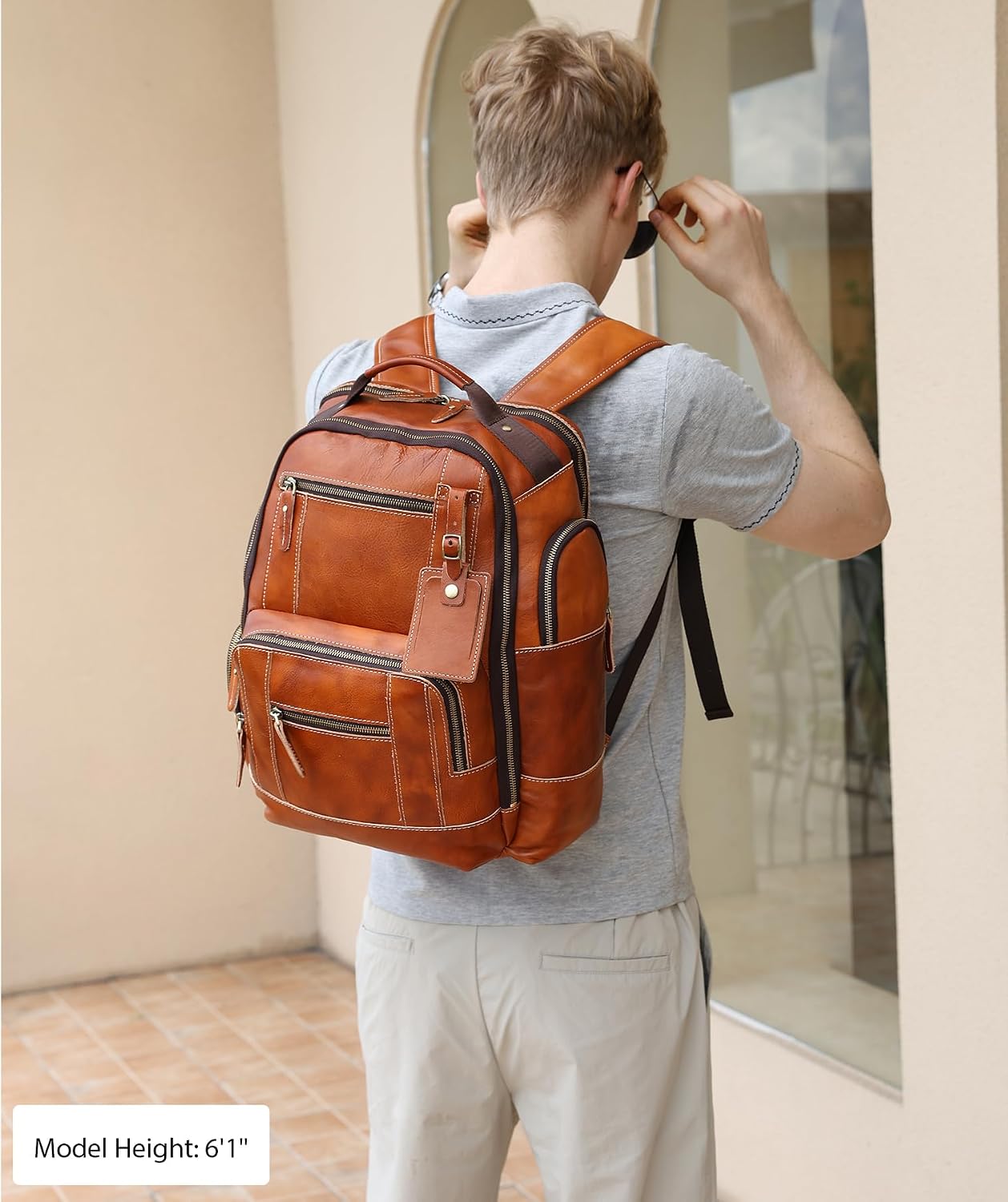 LANNSYNE Vintage Genuine Leather Backpack for Men, 15.6' Laptop Backpack Camping Travel 24L Rucksack