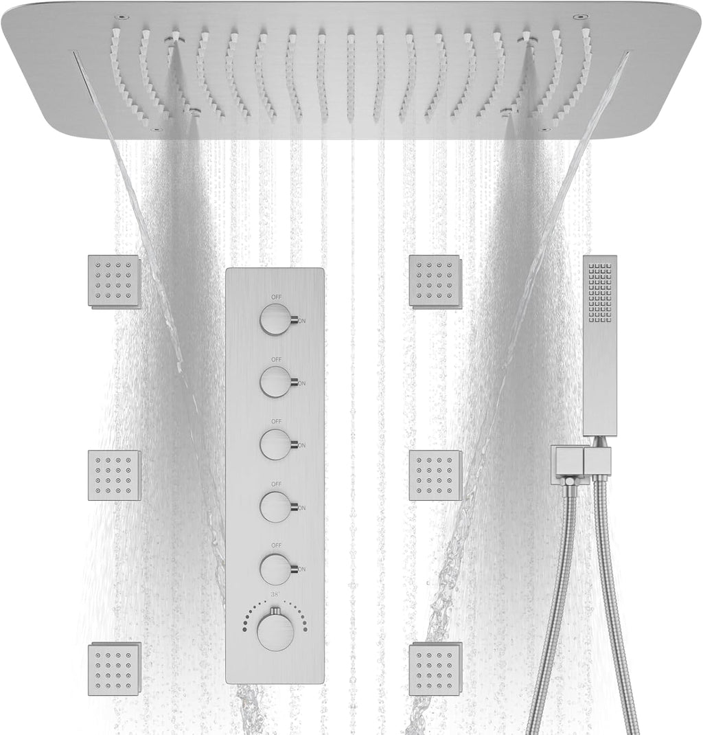 Brushed Nickel Shower Faucet Set with 16X24 Inch Ceiling Shower, with Handheld Spray and 6 PCS Body Jets, 5 Function Thermostatic Shower System