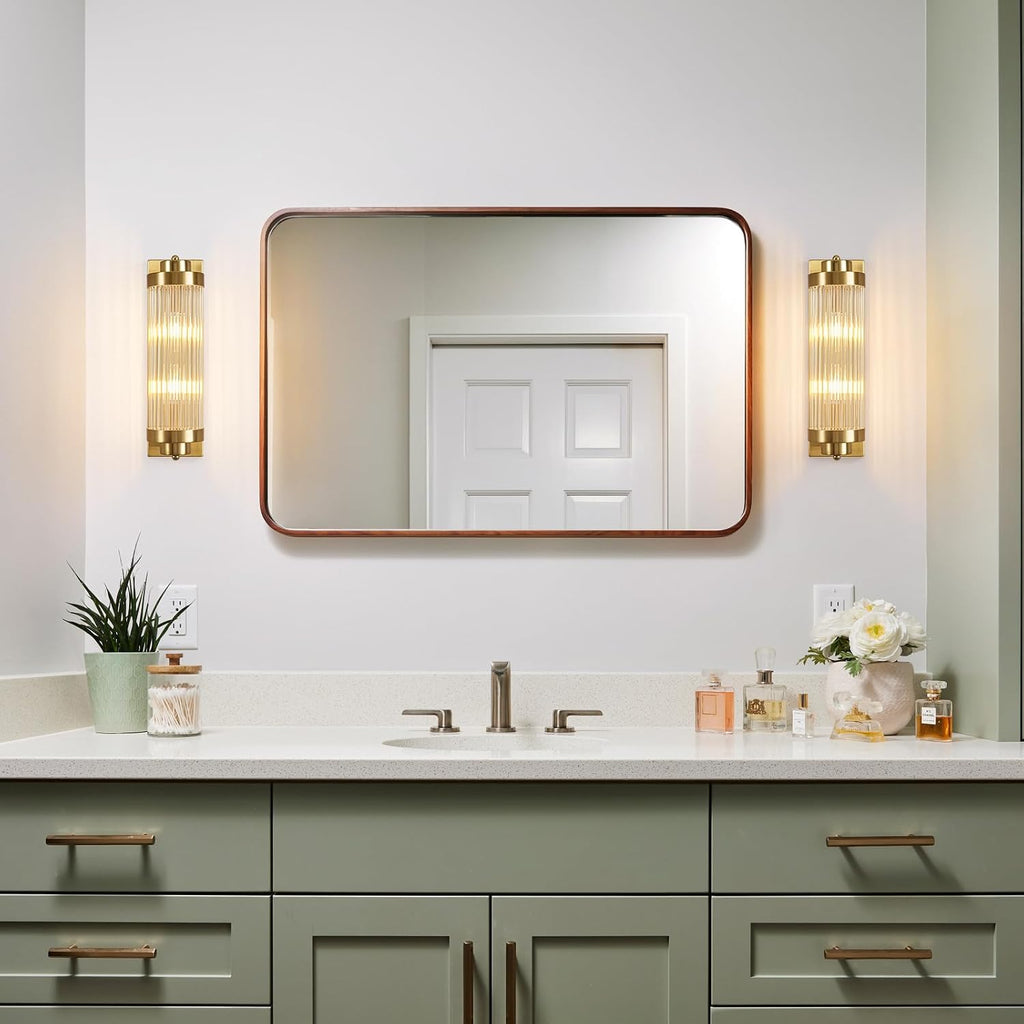 Gold Wall Sconces Set of Two with Crystal Glass Strip Bathroom Sconces Modern Wall Lights for Bedroom Living Room Hallway Wall Light Fixtures, 2 Light E12 Base