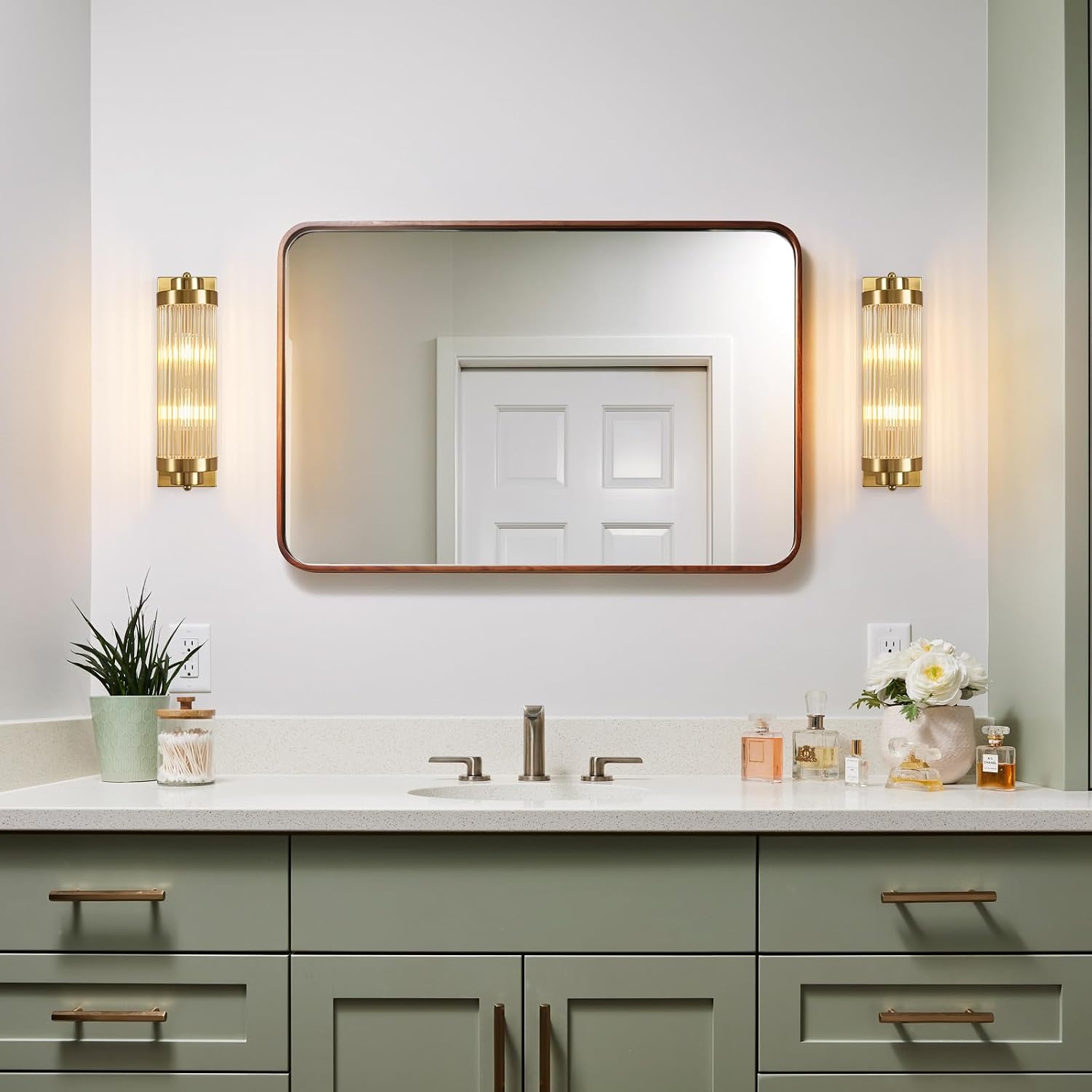 Gold Wall Sconces Set of Two with Crystal Glass Strip Bathroom Sconces Modern Wall Lights for Bedroom Living Room Hallway Wall Light Fixtures, 2 Light E12 Base
