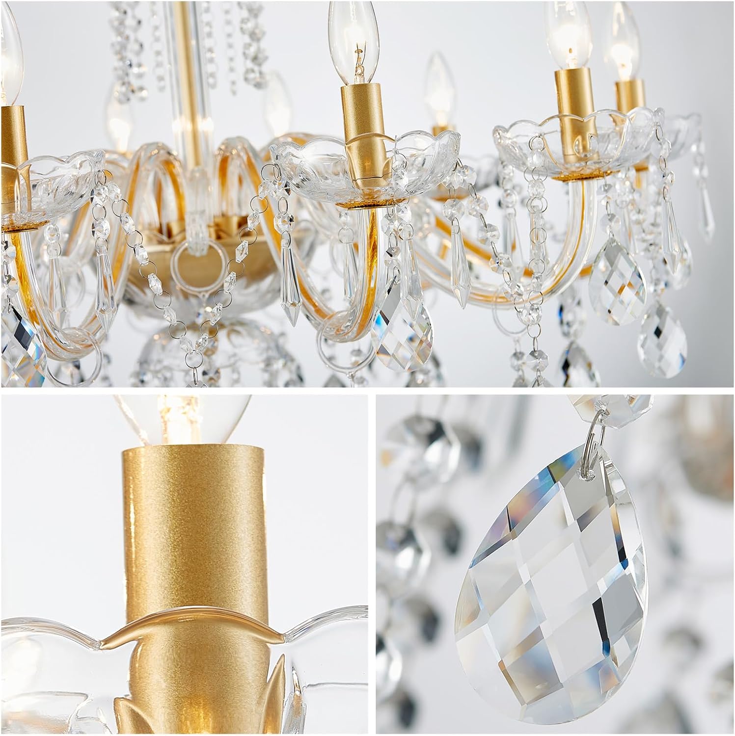 WUZUPS 10-Light Crystal Candle Chandelier Pendant Ceiling Light Modern Lighting Fixture for Bedroom Hallway Bar Kitchen Bathroom, H 26.7' W 33.9', E12 Base, Gold