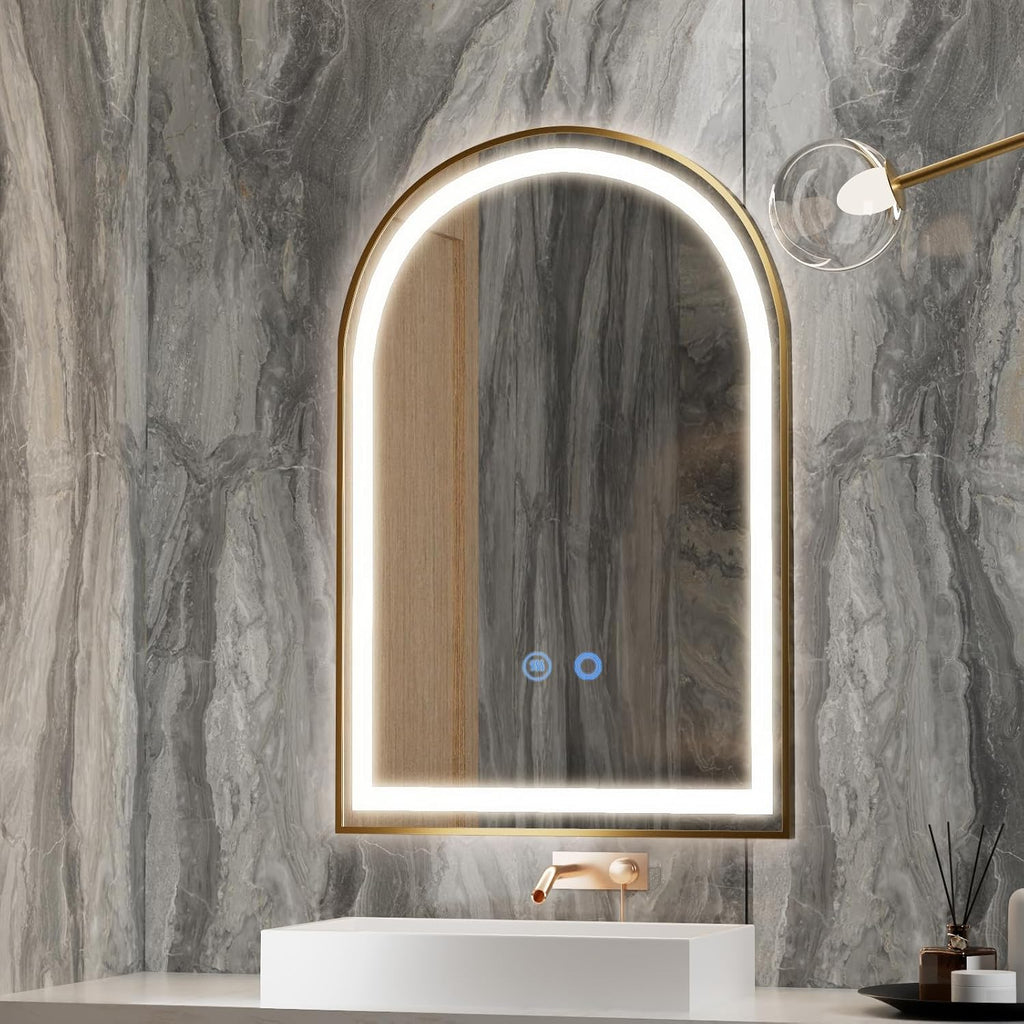24' x 36' LED Bathroom Mirror with Lights, Gold Arched LED Mirror for Bathroom, Lighted, Anti-Fog, Dimmable Adjustable, 3 Colors, Vertical/Horizontal, CRI90+,Touch Button