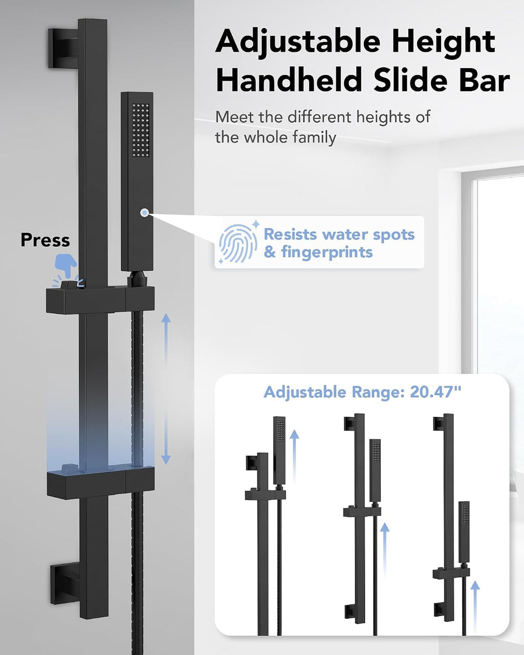 12' High-Pressure Rainfall Shower System with Slide Bar & 6 Body Jets, Wall Mount Bathroom Shower Faucet Set (Matte Black)