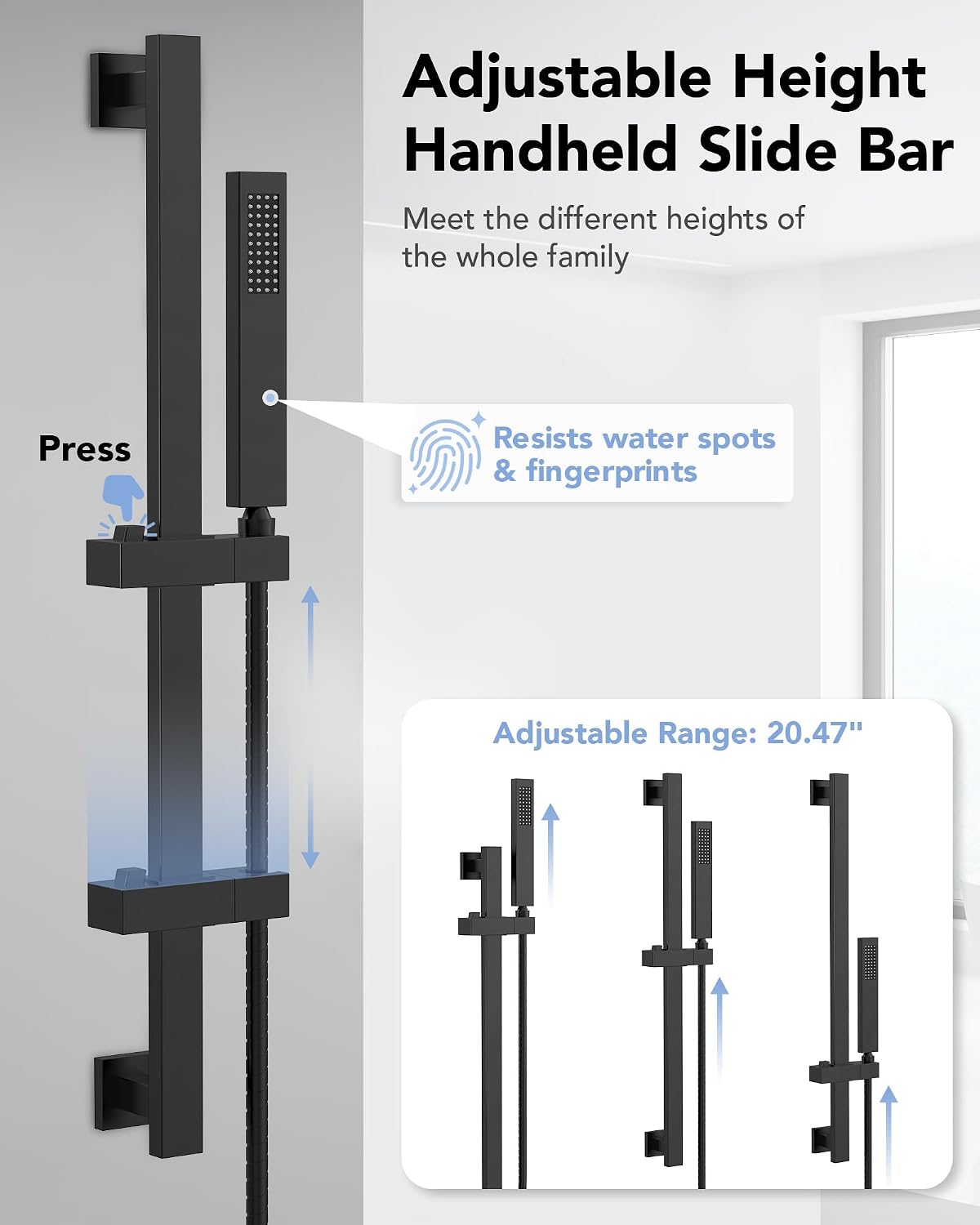 12' High-Pressure Rainfall Shower System with Slide Bar & 6 Body Jets, Wall Mount Bathroom Shower Faucet Set (Matte Black)