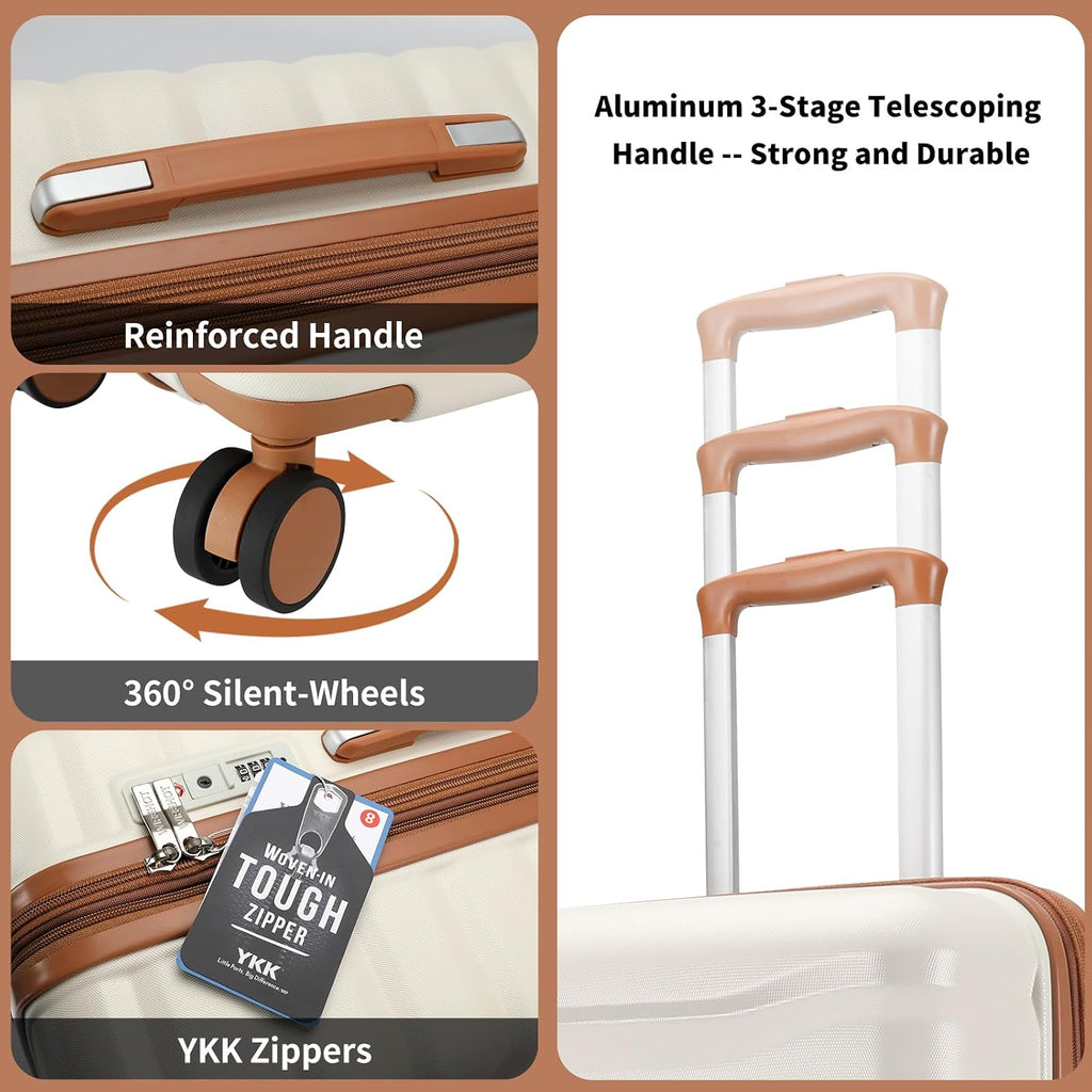 WireHot Lightweight Luggage with Spinner Wheels & YKK Zipper, 3-Piece Suitcase ABS+PC Hardside Luggage Set with TSA Lock for Women Men, Apricot Off White (20+24+28 inch)