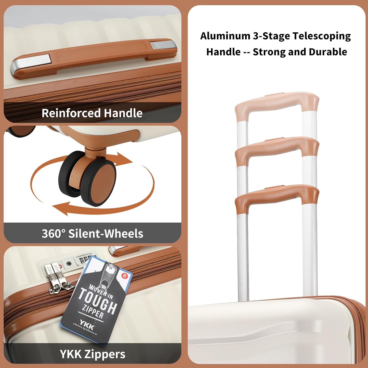 WireHot Lightweight Luggage with Spinner Wheels & YKK Zipper, 3-Piece Suitcase ABS+PC Hardside Luggage Set with TSA Lock for Women Men, Apricot Off White (20+24+28 inch)