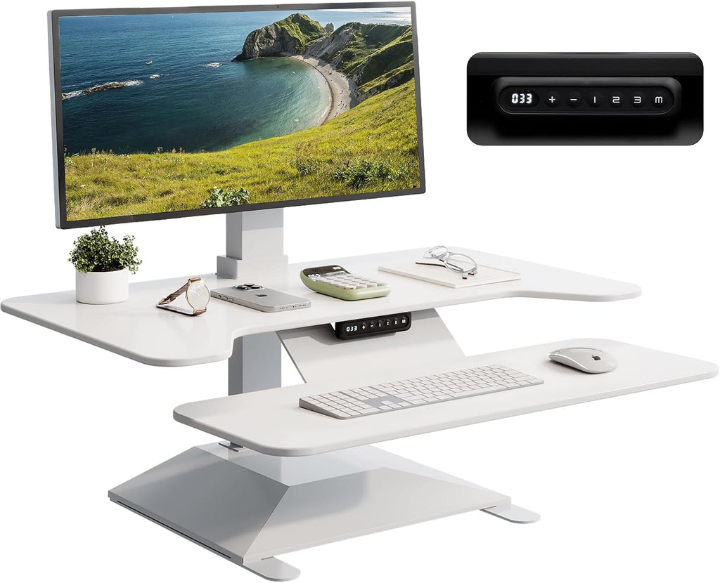 Electric Standing Desk Converter 36' Wide, Height Adjustable Desk Riser, Computer Workstation, Sit-Stand Convertor for Home, Office, School (White, 1 Arm Included)