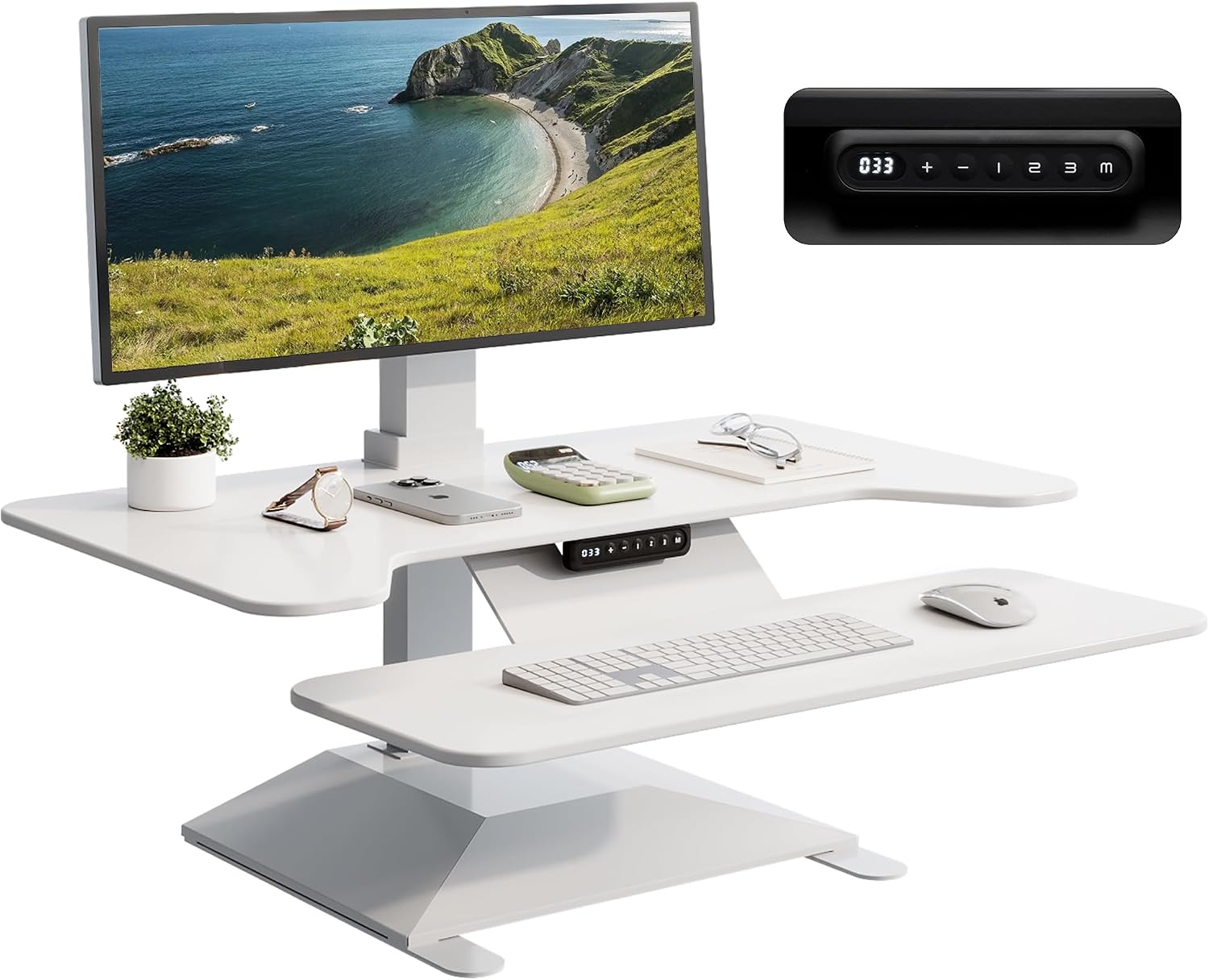 Electric Standing Desk Converter 36' Wide, Height Adjustable Desk Riser, Computer Workstation, Sit-Stand Convertor for Home, Office, School (White, 1 Arm Included)