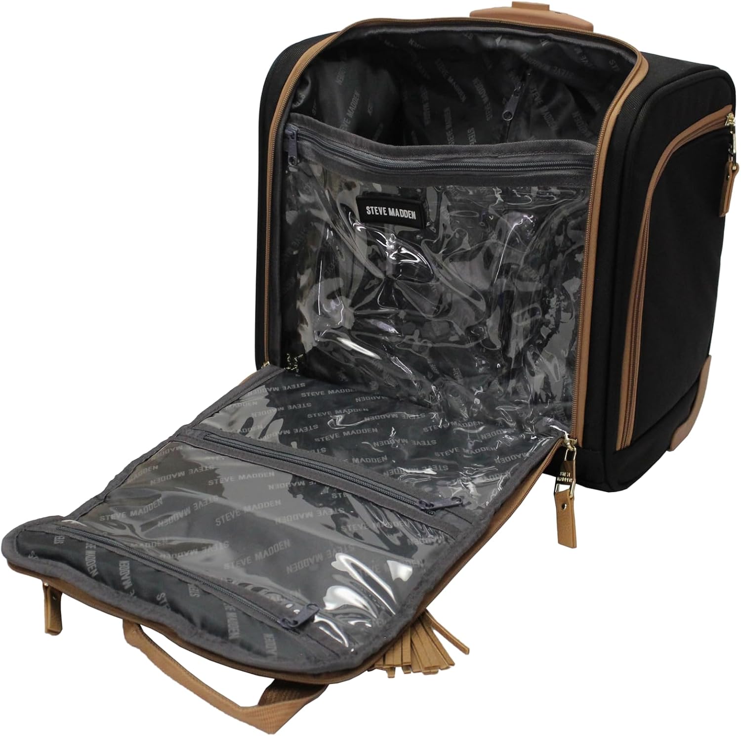 steve madden Designer 15 Inch Carry on Suitcase- Small Weekender Overnight Business Travel Luggage- Lightweight 2- Rolling Spinner Wheels Under Seat Bag for Women (Harlo Black)