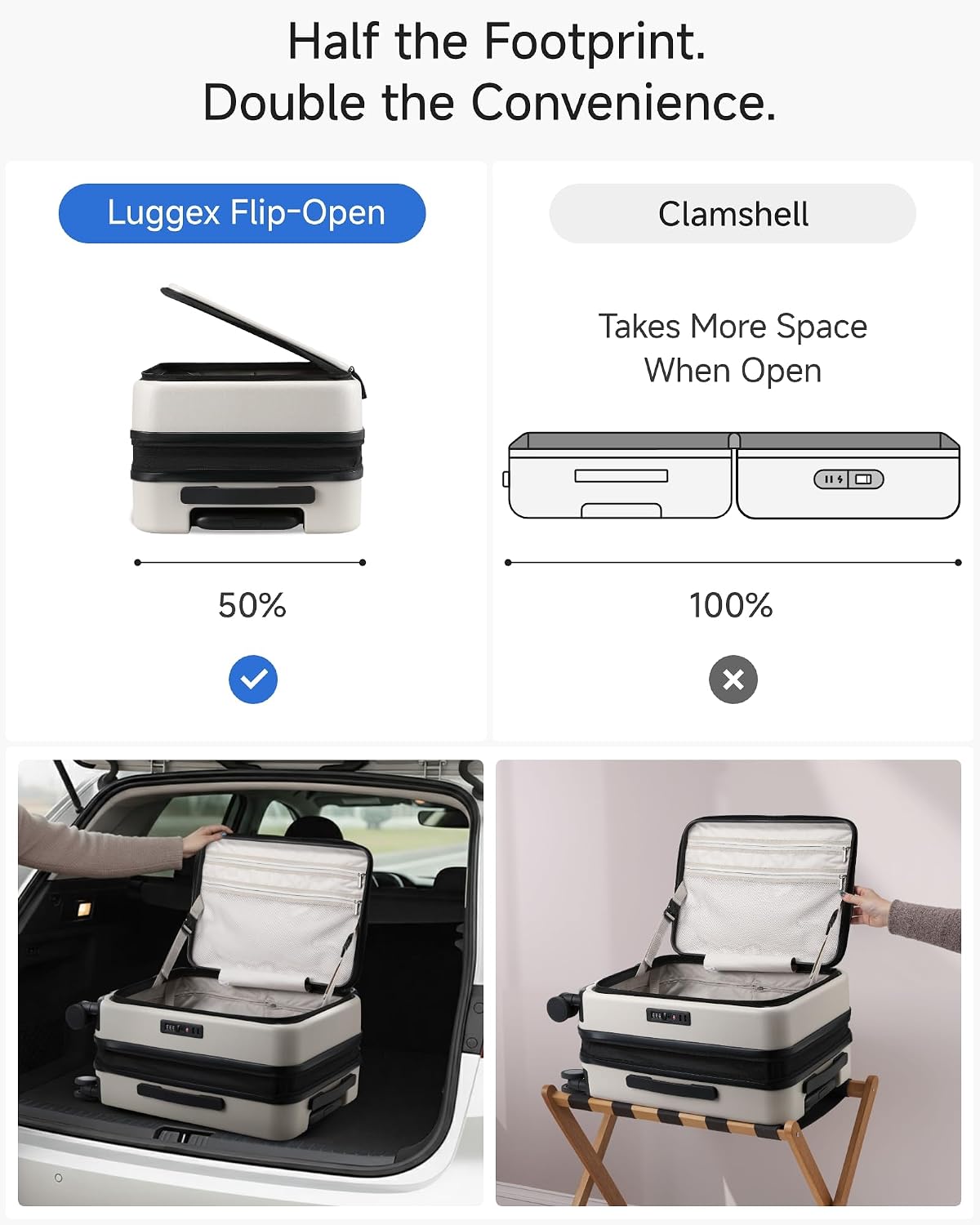 LUGGEX Carry On Luggage Top Opening, FLT Expandable Polycarbonate Hard Shell Suitcase with Wheels (FX-Lite, Beige, 20 Inch, 36L-41L)