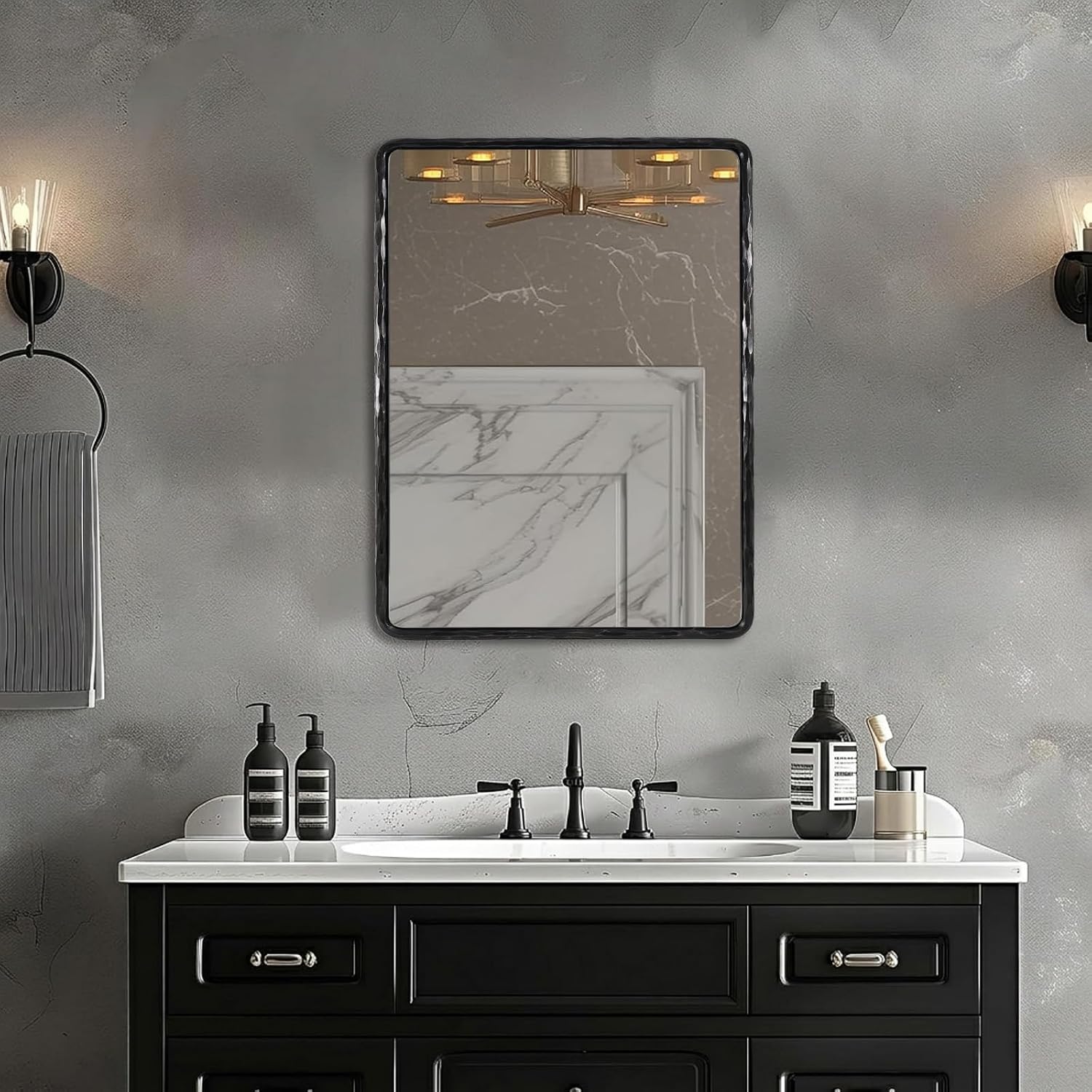 ANDY STAR Hand-Forged Black Bathroom Mirrors for Wall, 24x32 Inch Vintage Solid Steel Metal Frame Bathroom Vanity Mirror, Antique Rounded Rectangle Wall Mirror, Hangs Horizontally or Vertically