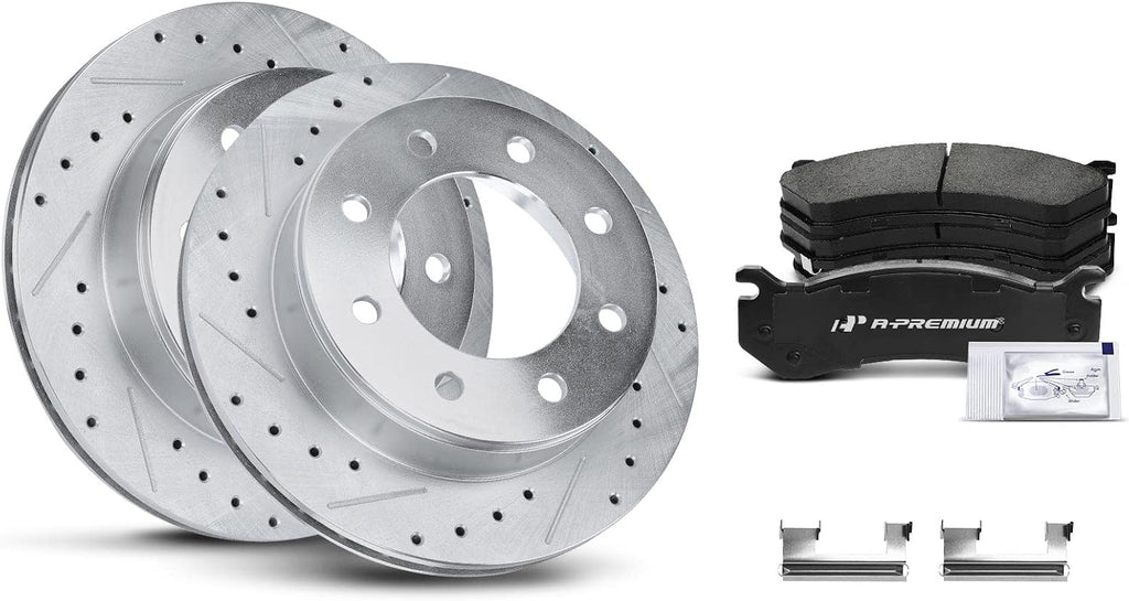 A-Premium 12.99 in(330mm) Rear Drilled and Slotted Disc Brake Rotors + Ceramic Pads Kit Compatible with Select Chevy, GMC and Hummer - Silverado 1500 HD, Suburban, Sierra 1500, Yukon XL 2500, H2