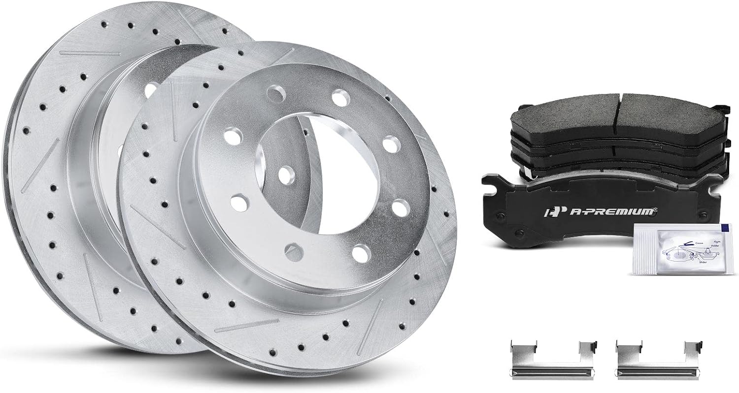 A-Premium 12.99 in(330mm) Rear Drilled and Slotted Disc Brake Rotors + Ceramic Pads Kit Compatible with Select Chevy, GMC and Hummer - Silverado 1500 HD, Suburban, Sierra 1500, Yukon XL 2500, H2