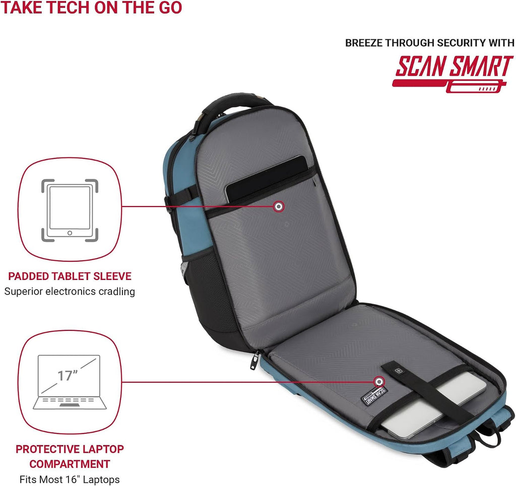 SwissGear Travel Tech Pro Laptop Backpack – Fits Laptops up to 16' – ScanSmart TSA-Friendly Backpack with Multiple Organizer Pockets – Blue
