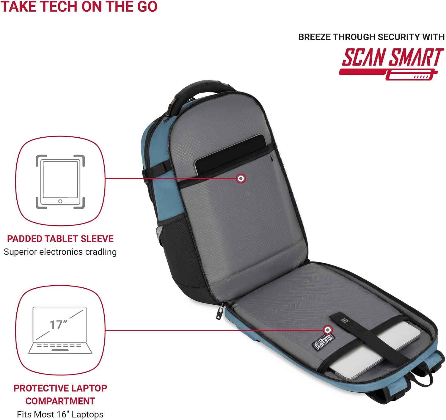 SwissGear Travel Tech Pro Laptop Backpack – Fits Laptops up to 16' – ScanSmart TSA-Friendly Backpack with Multiple Organizer Pockets – Blue