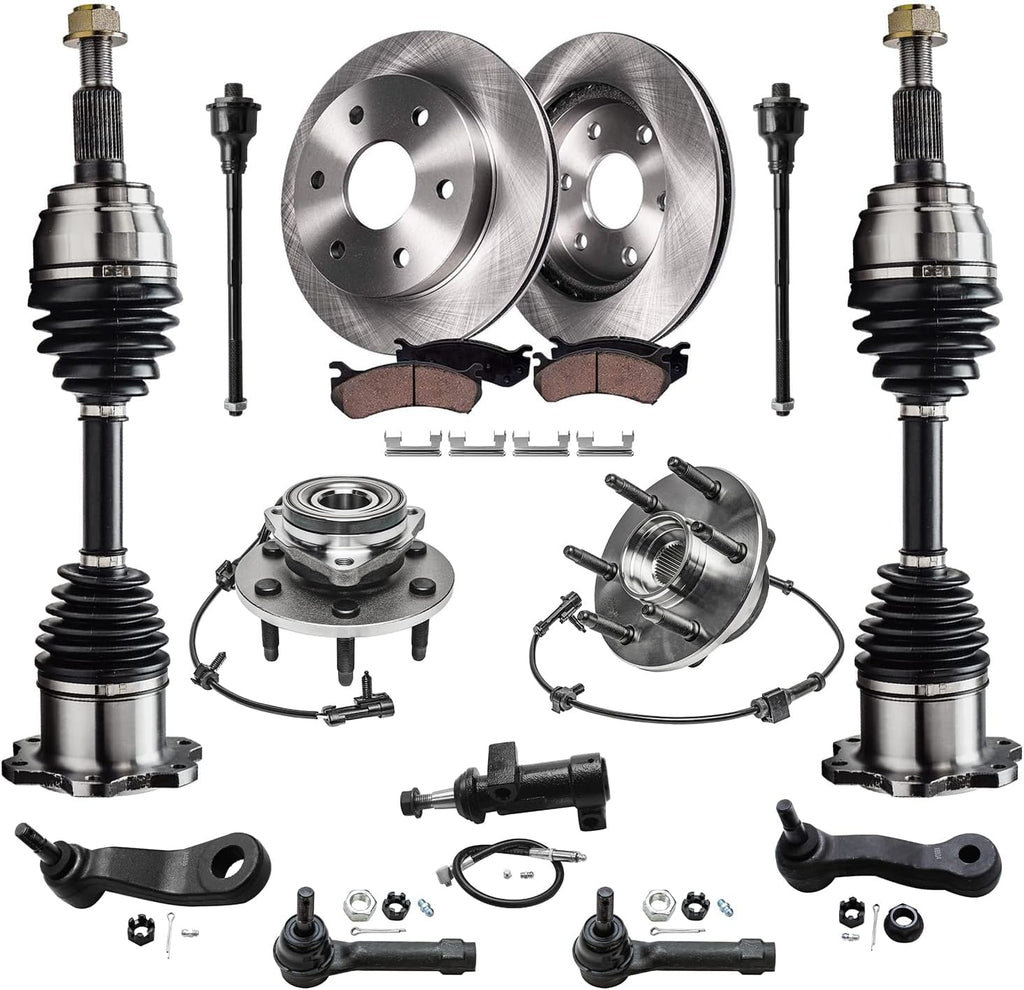 Detroit Axle - 4WD Front Brake Kit for Silverado Sierra 1500 GMC Chevy Tahoe, Disc Brake Rotors Ceramic Brake Pads CV Axles Wheel Bearing Hubs Tie Rods Pitman Idler Arms Bracket Replacement