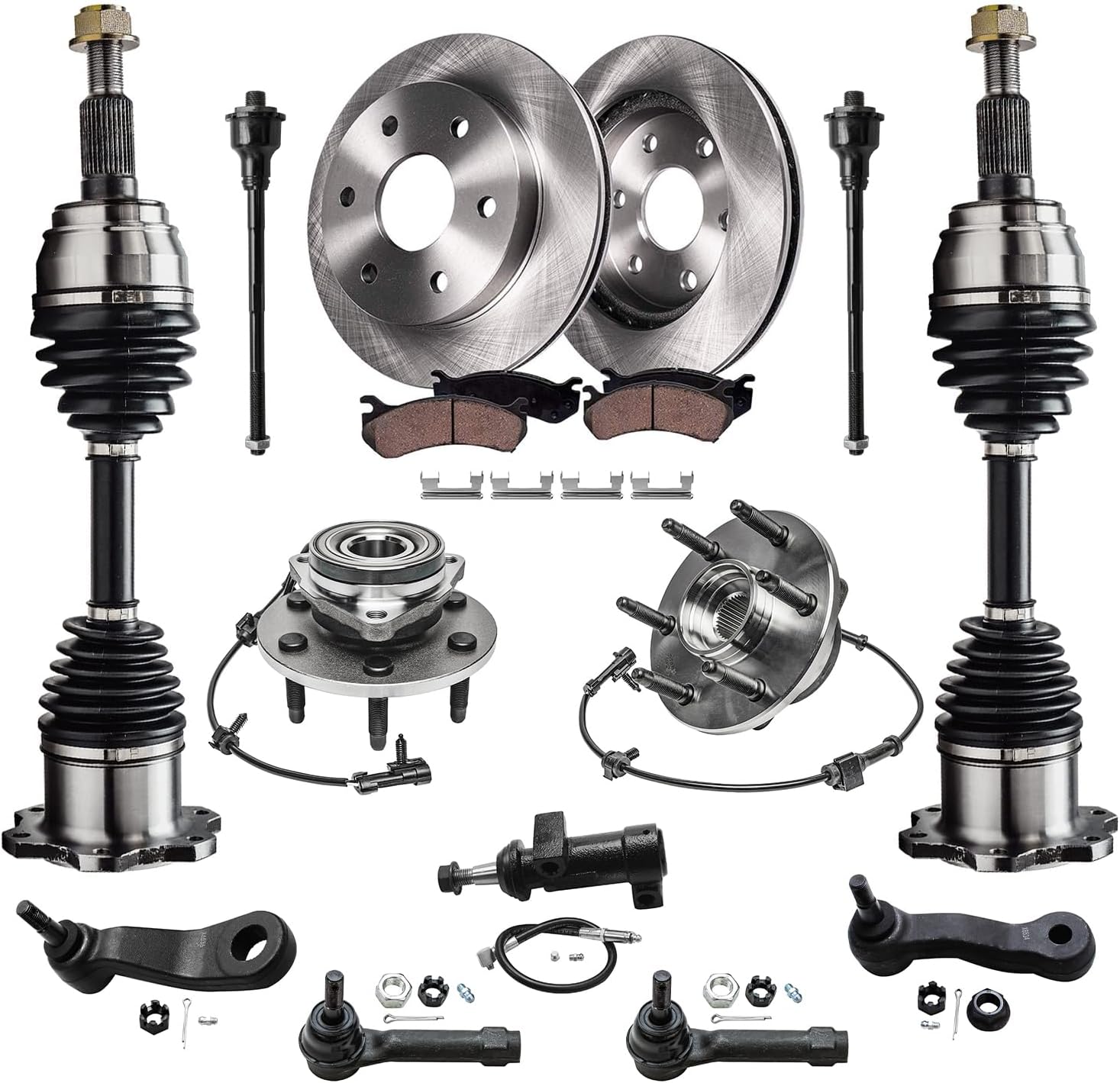 Detroit Axle - 4WD Front Brake Kit for Silverado Sierra 1500 GMC Chevy Tahoe, Disc Brake Rotors Ceramic Brake Pads CV Axles Wheel Bearing Hubs Tie Rods Pitman Idler Arms Bracket Replacement