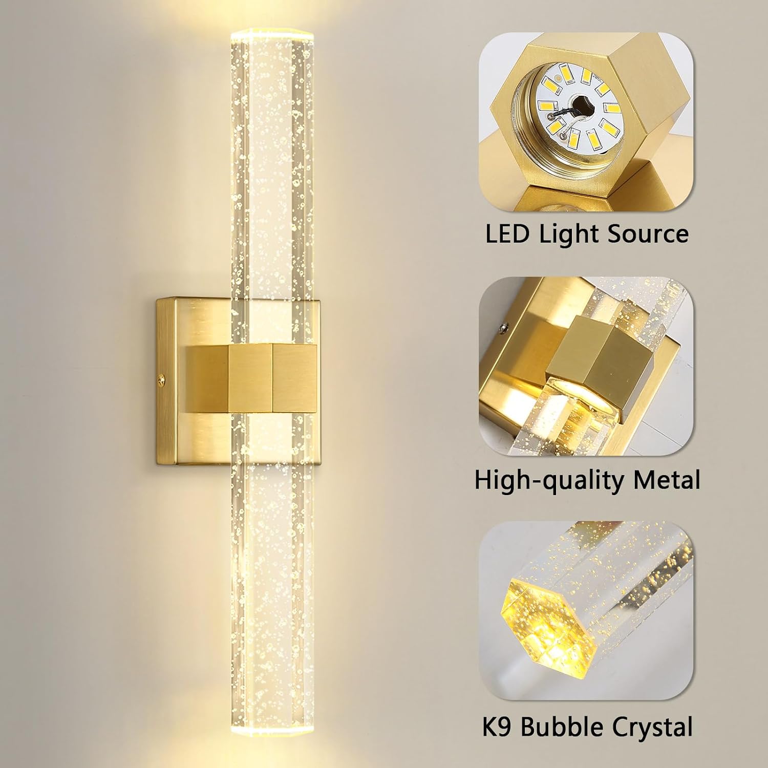 Set of 2 Gold LED Wall Sconce Lights Warm Light Modern Crystal Wall Lights Vanity Lighting Fixtures Sconces for Bathroom Living Room Bedroom Dining Room Hallway