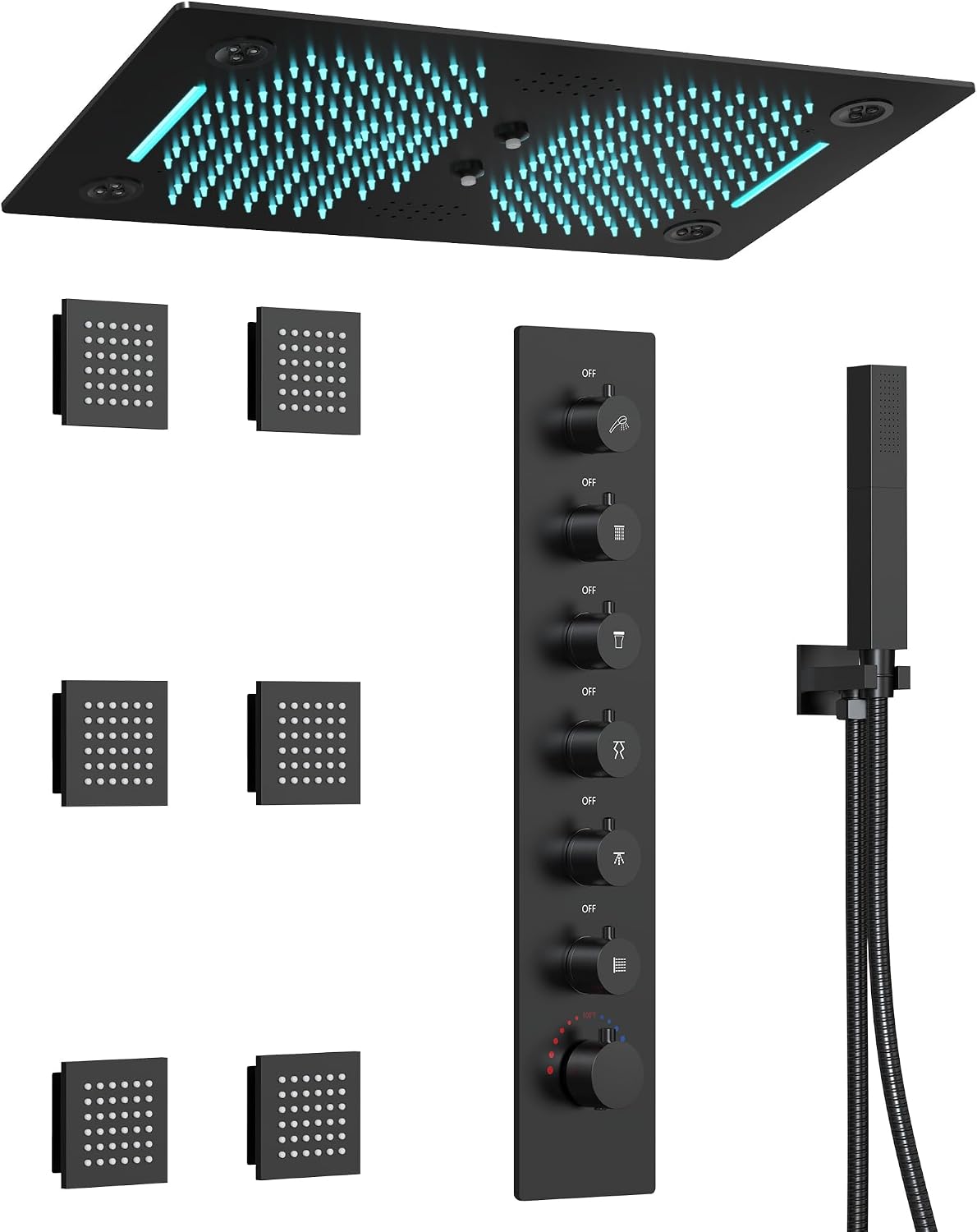 Luxury LED Shower System, 28' x 16' Ceiling Mount Bluetooth Music Speaker 4 Function Shower Head with 6 Body Jets, Matte Black