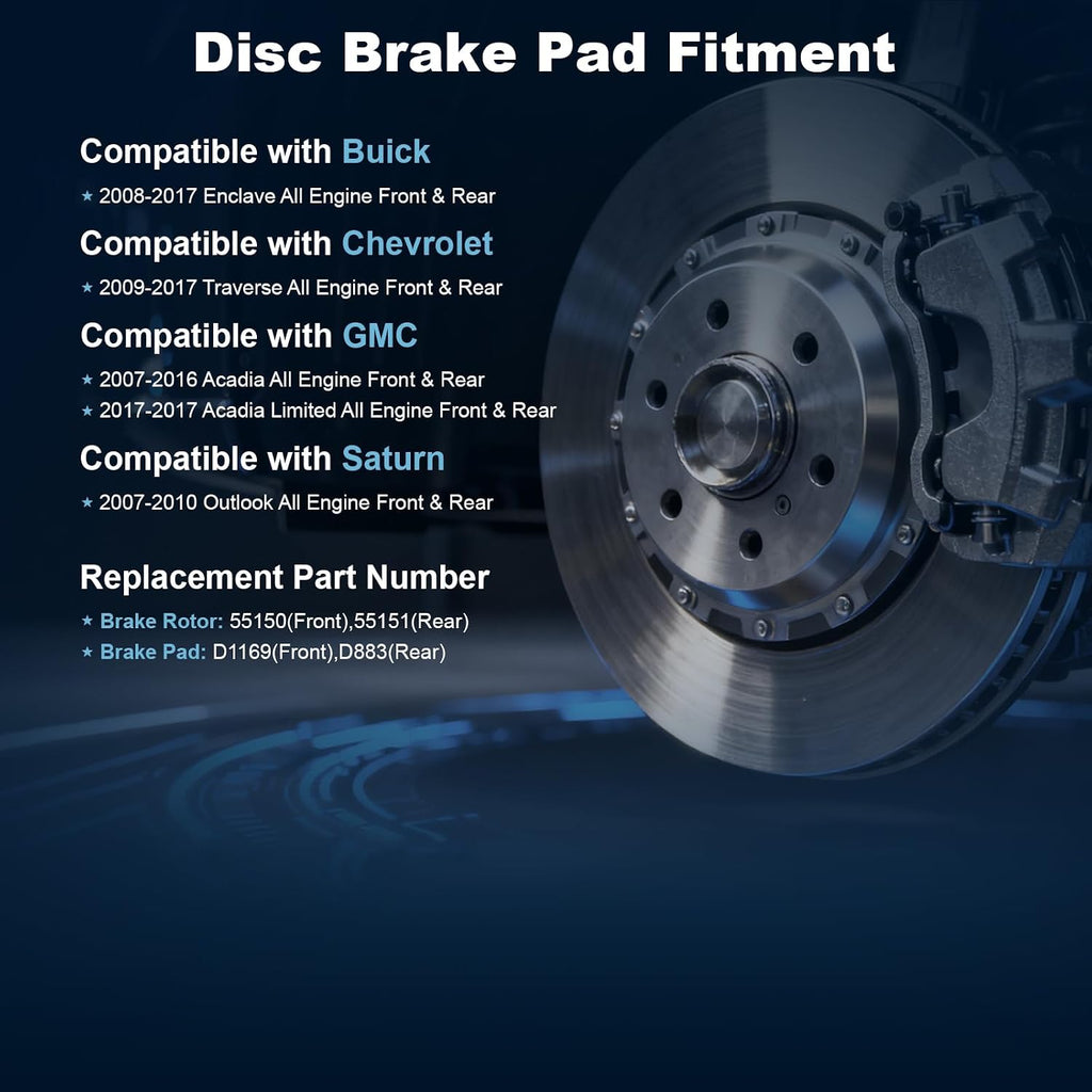 Front & Rear Disc Brake Rotors & Ceramic Brake Pads Kit Fit for Buick 2008-2017 Enclave; for Chevrolet 2009-2017 Traverse; for GMC 2007-2017 Acadia; for Saturn 2007-2010 Outlook #55150 55151
