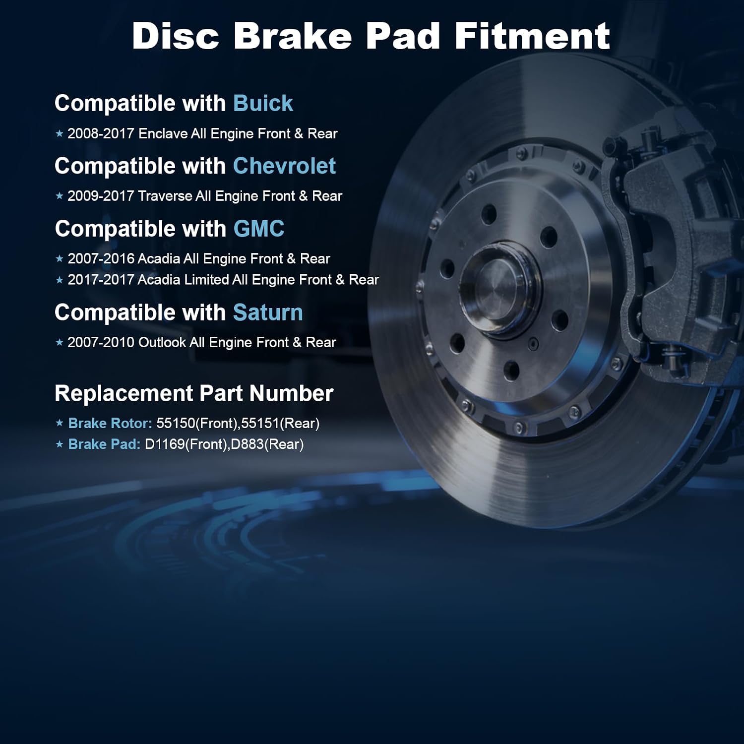 Front & Rear Disc Brake Rotors & Ceramic Brake Pads Kit Fit for Buick 2008-2017 Enclave; for Chevrolet 2009-2017 Traverse; for GMC 2007-2017 Acadia; for Saturn 2007-2010 Outlook #55150 55151