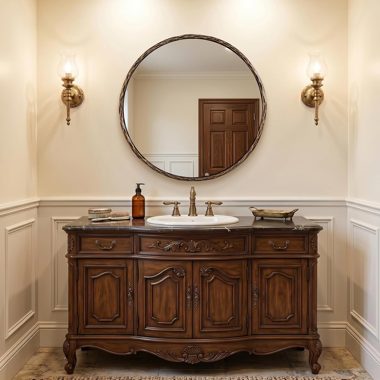 ANDY STAR Hand-Forged Bronze Round Bathroom Mirror, 32 Inch Antique Oil Rubbed Bronze Circular Mirror, Solid Steel Hammered Frame, for Wall Decor, Vanity, Entry, Fireplace, Mantle